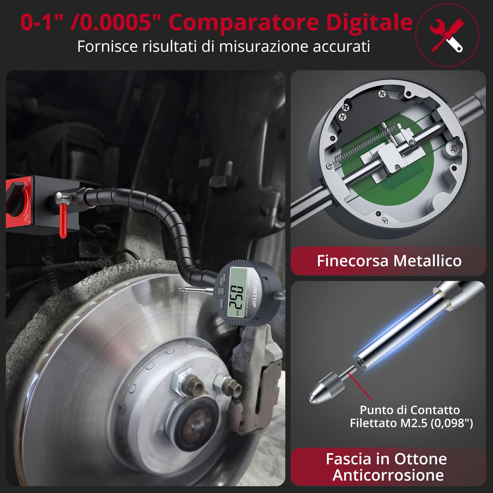 XUNTOP Comparatore Magnetico Digitale, Base Magnetica con Braccio Snake Flessibile da 340mm, Comparatore Professionale 0.01mm/0.0005" Portatile con Display LCD per Officina, Tornio, Fresatrice