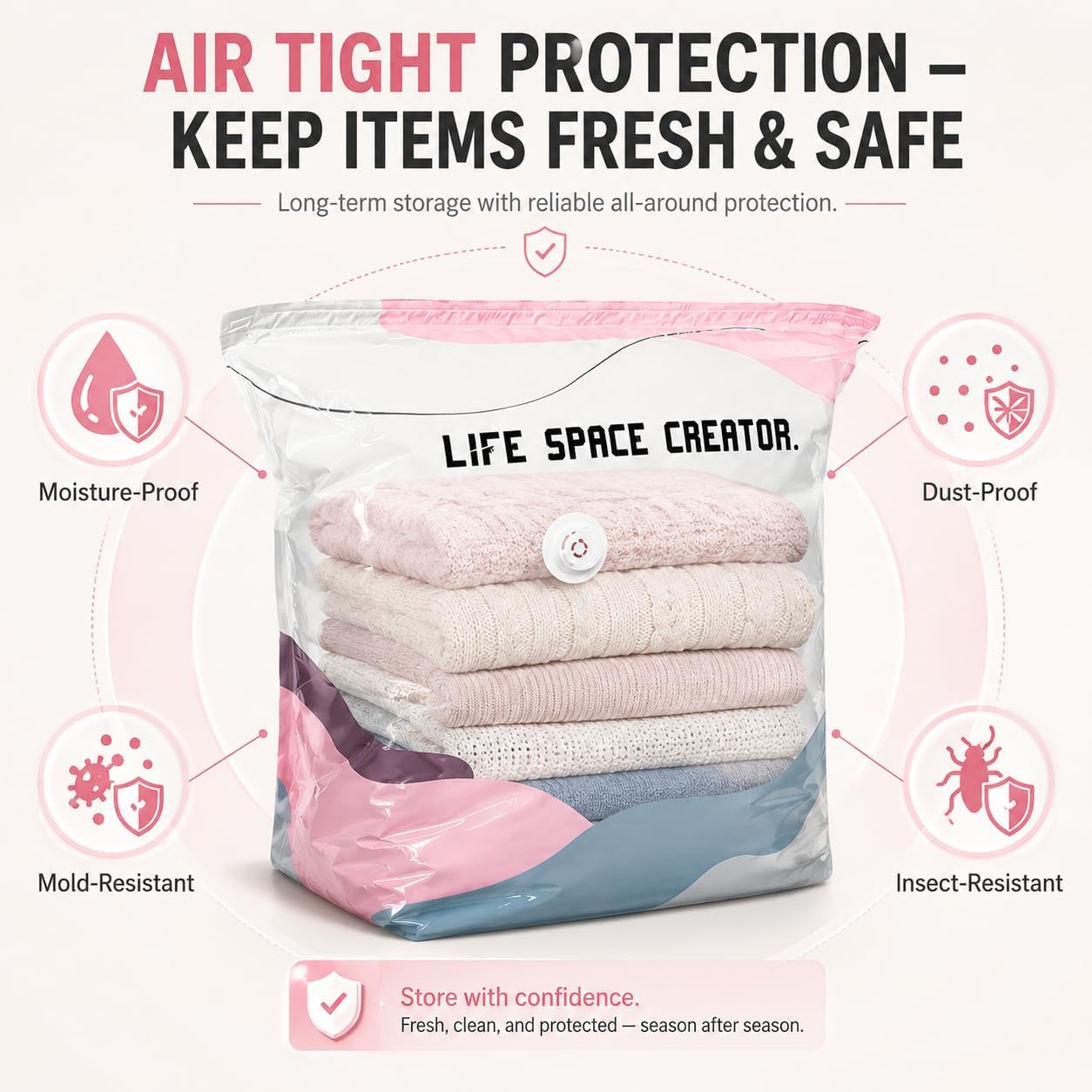 4Pcs No Pump Vacuum Storage Bags, Large Better Life Space Bags Cube Capacity Vacuum Bags for Clothes Bedding Comforters Off‑Season Gear (Pink white)