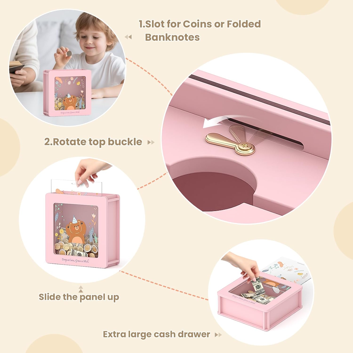 Summidate Wooden Money Saving Box, Clear Window Cash Vault Savings Box with DIY Stickers, Personalized Bear Piggy Bank for Kids & Adults, Birthday/Baby Shower/Wedding Gift image 4