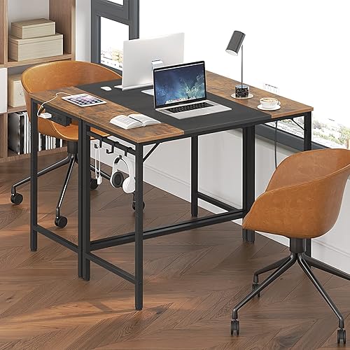 Miniatura 23 de HOOBRO Escritorio para computadora, escritorio de oficina en casa con toma de corriente, moderno escritorio de estudio con 3 ganchos para sala de