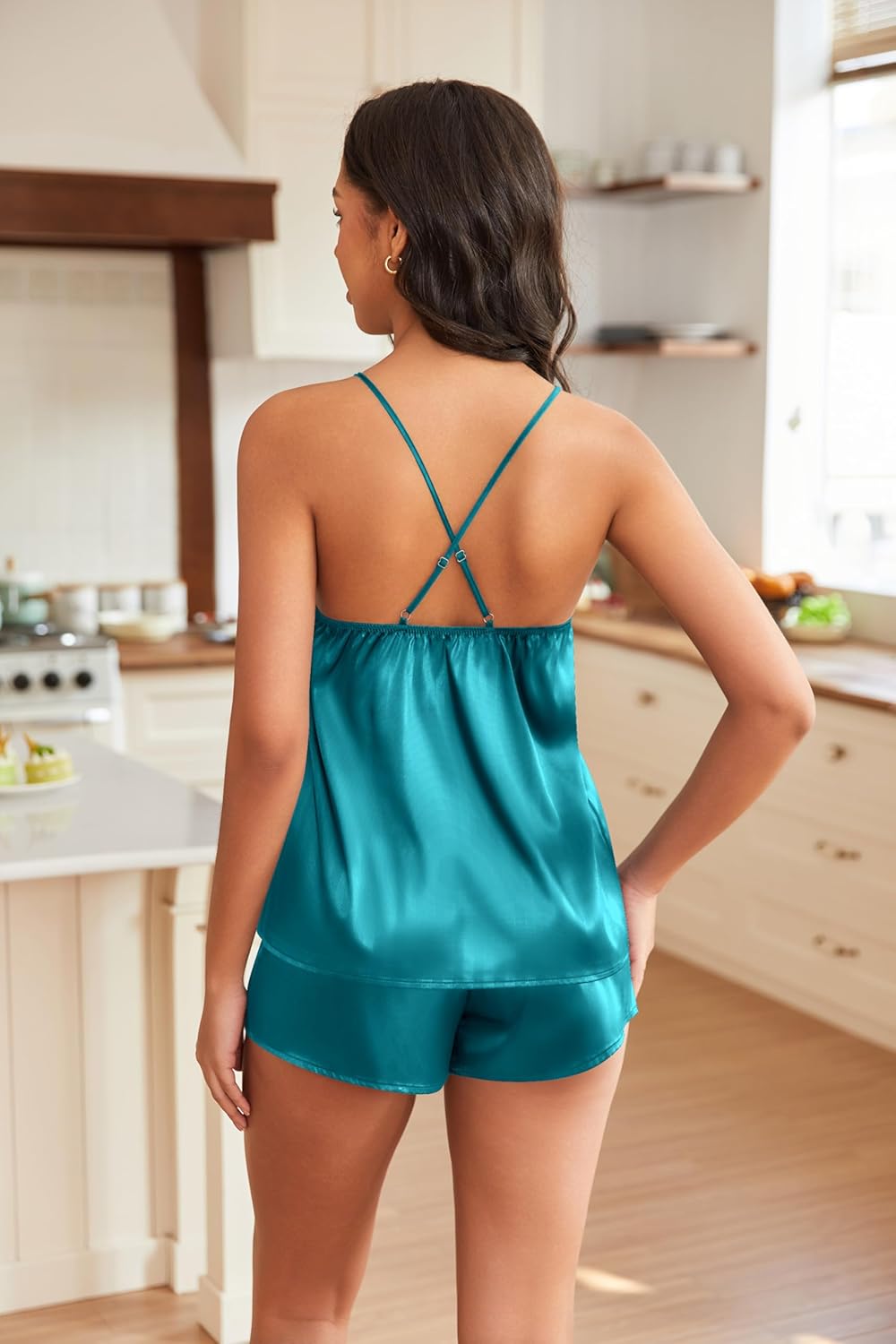 EKOUAER Silky Pajama Set for Women V-Neck Satin Camisole Lingerie Sets Party Loungewear Sleepwear - Image 3