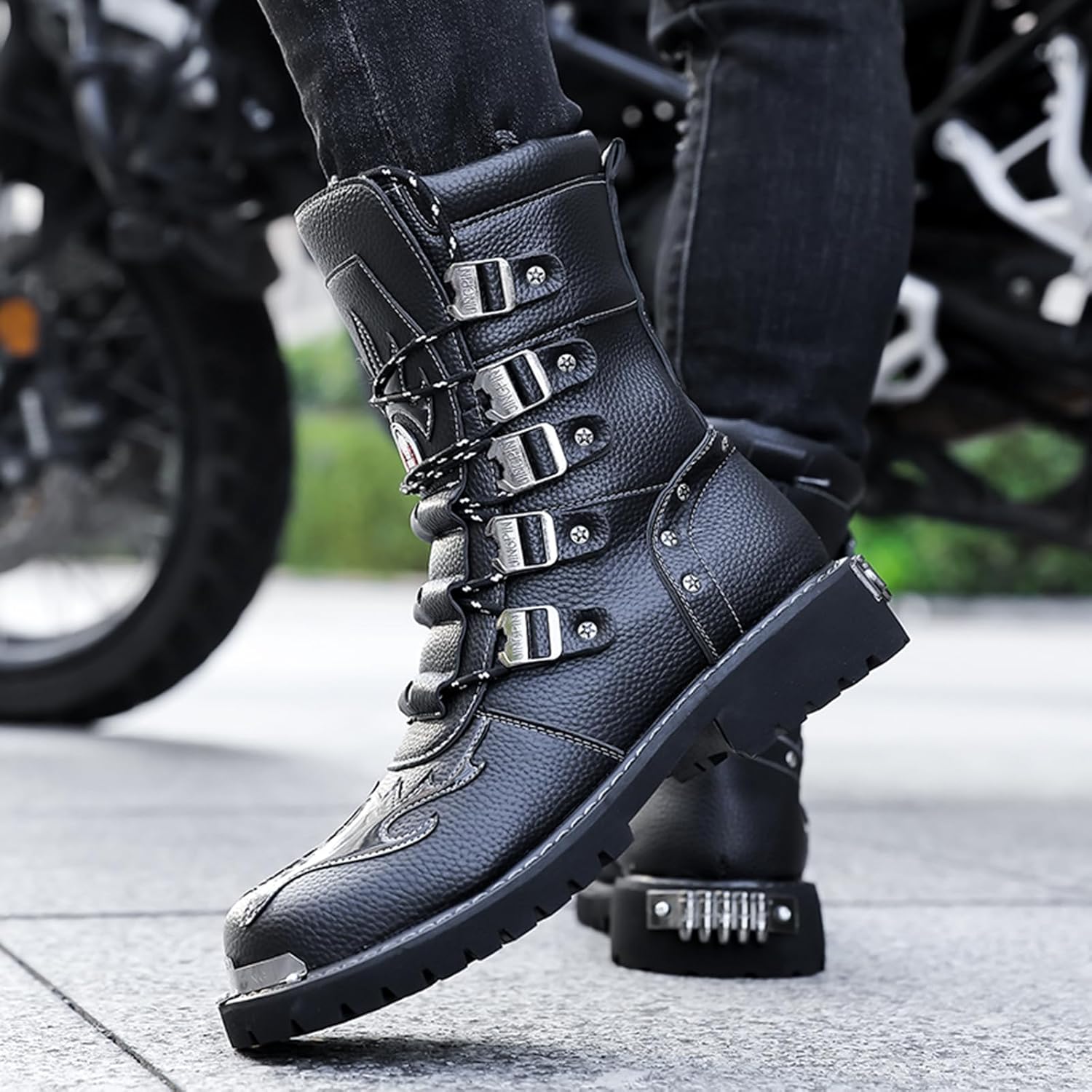 Men's Leather Lace-Up Multi-Strap Motorcycle Boots Round Toe Stylish Non-Slip Tactical Military Boots Suitable For Riding, Working, Rock Music Festivals - Image 6