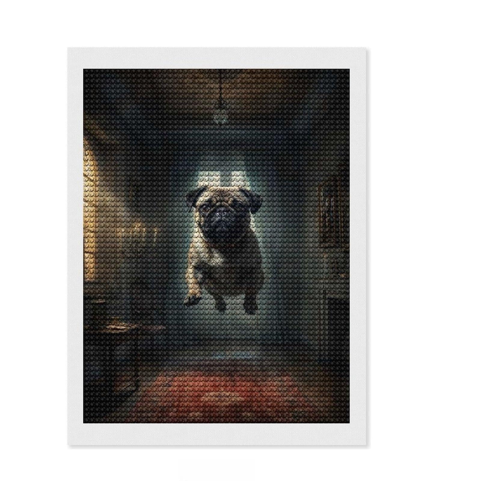 Junmoney Pug in Haunted Mansion Diamond Painting Set 12"x16", Easy to Enjoy, Easy Handmade Project, Boho Decor, Birthday Gift, Stress Relief Craft