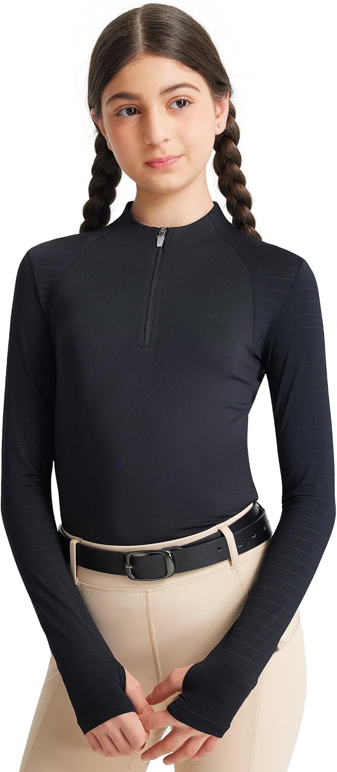FitsT4 Sports Girls Long Sleeve Equestrian Shirt Summer Horse Riding Shirts Half Zip Horseback Show Shirt Athletic Tops