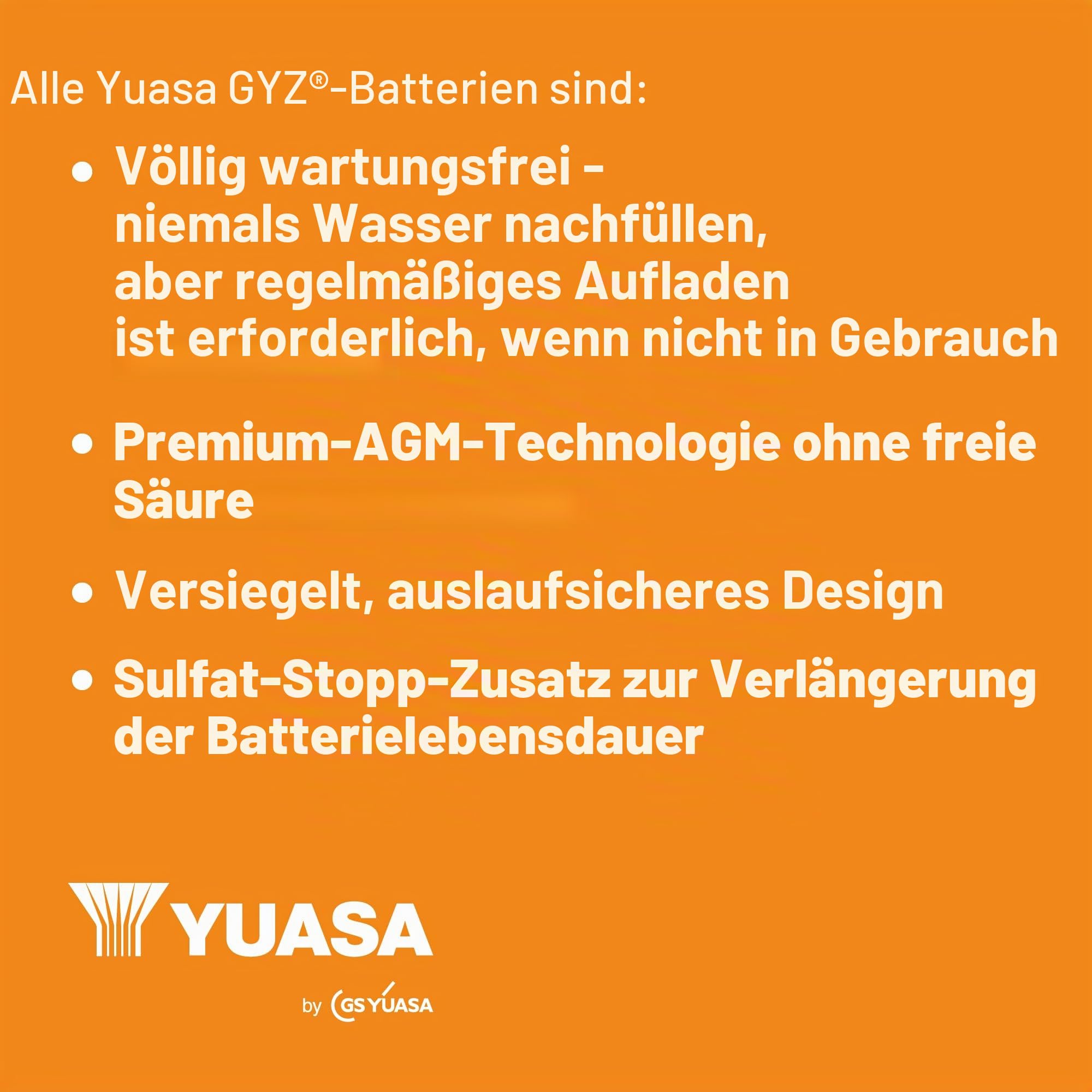 Yuasa GYZ32HL 12V 500 CCA wartungsfreie AGM VRLA Motorradbatterie | 33,7 Ah, Kompakt, Auslaufsicher, Vibrations- & Korrosionsbeständig, Ideal für Sportbikes & Start-Stopp