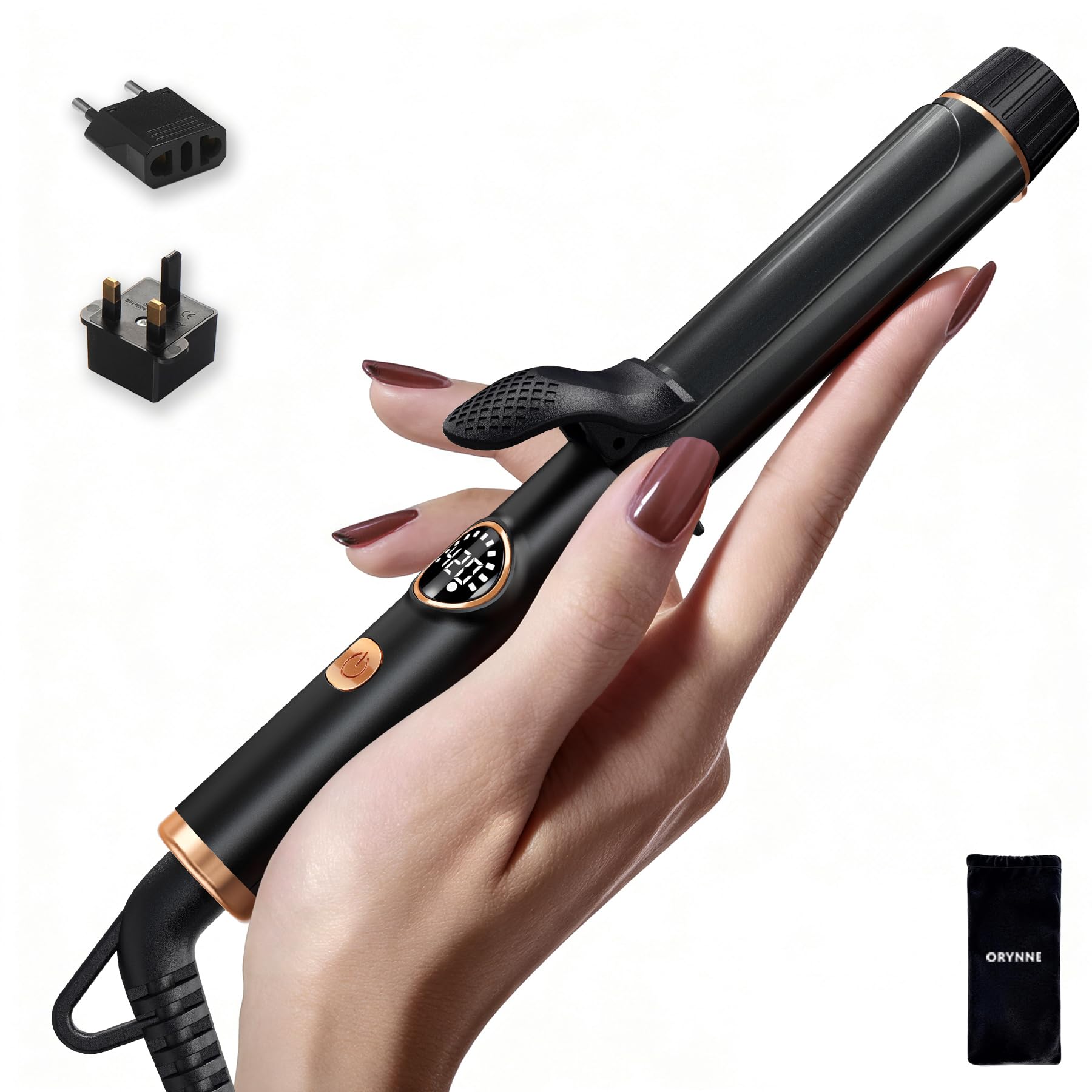 ORYNNE Mini Travel Curling Iron for Short Hair, 1 Inch Small Curling Iron with Dual Voltage & UK/EU Plug, 5 Heat Settings, Temp Memory & Lock, Auto-Off, Ceramic Travel Curling Wand Infused Argan Oil