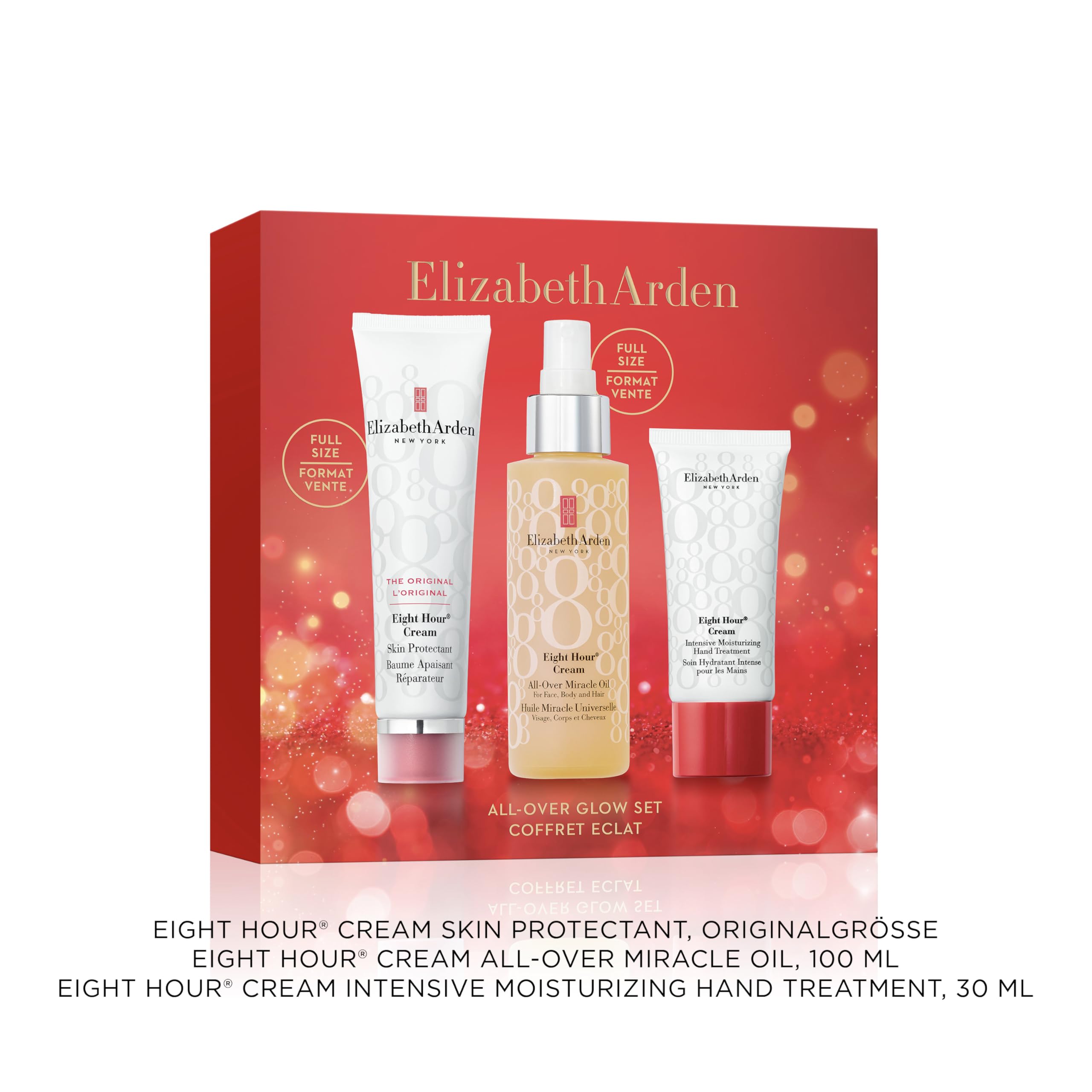 Elizabeth Arden – Eight Hour Find The Glow 3-teiliges Geschenkset, Gesichtscreme, Handcreme, Körper- & Haaröl, Feuchtigkeitspflege für Damen, mit Vitamin E, Beauty-Set für die Feiertage