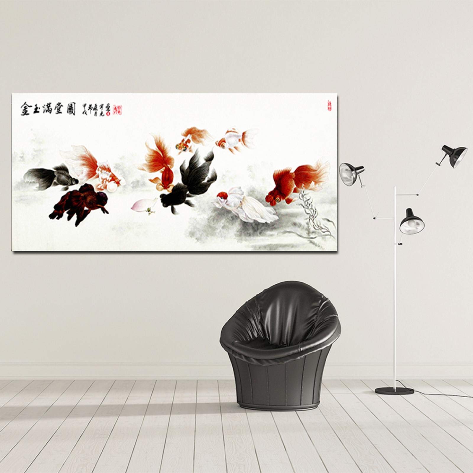 Tradycyjny chiński napis obraz dziewięć złota rybka sztuka ścienna plakat płótno dekoracja vintage do salonu mural 60 x 120 cm bez ramy