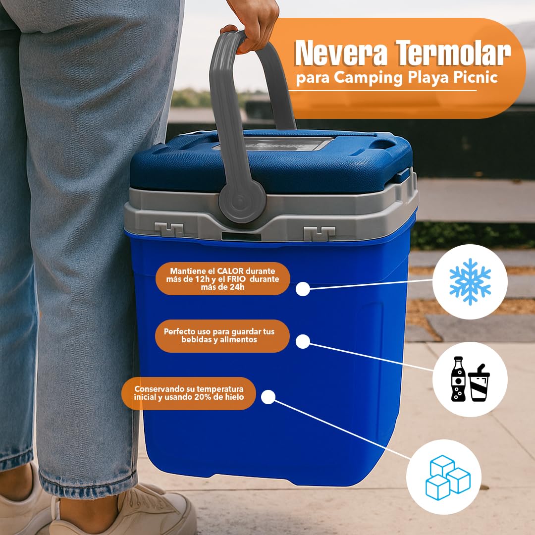 Nevera Portátil Rígida de Plástico Ultrarresistente con Tapa | De Fácil Manejo Y Transporte con Compartimento Superior para Llaves Y Vasos - Ideal para Playa, Picnic Y Camping