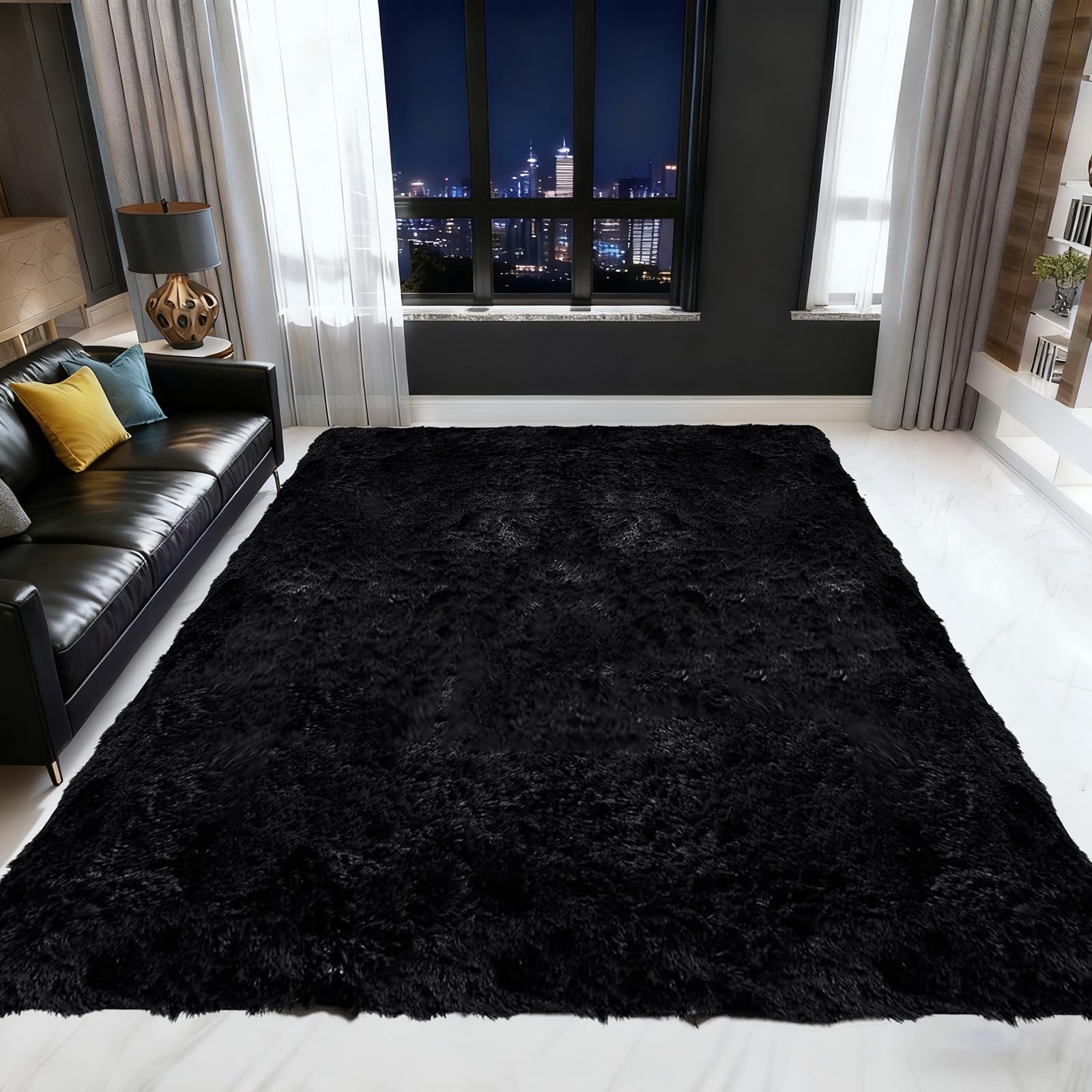 Tapis salon lavable en machine 180x250 noir à poils longs doux