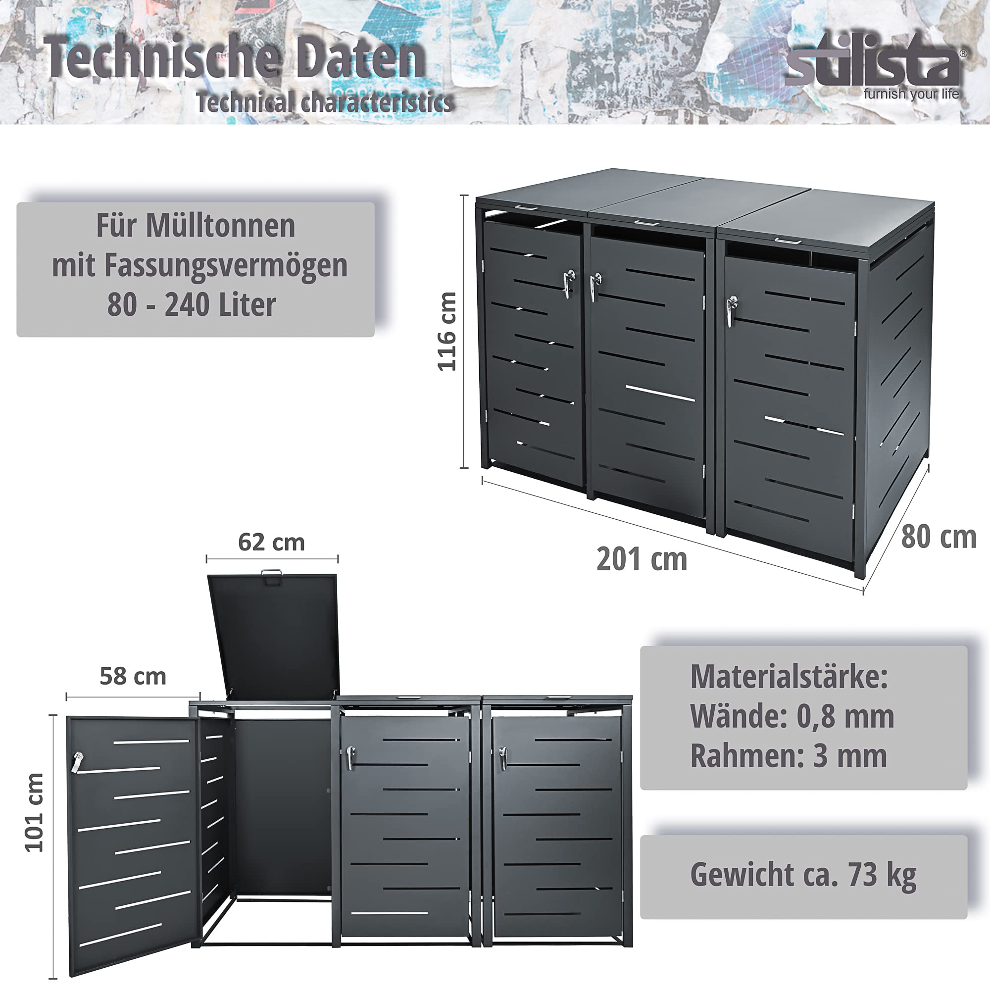 STILISTA Mülltonnenverkleidung aus Metall, für 3 Mülltonnen je 240 Liter, Anthrazit