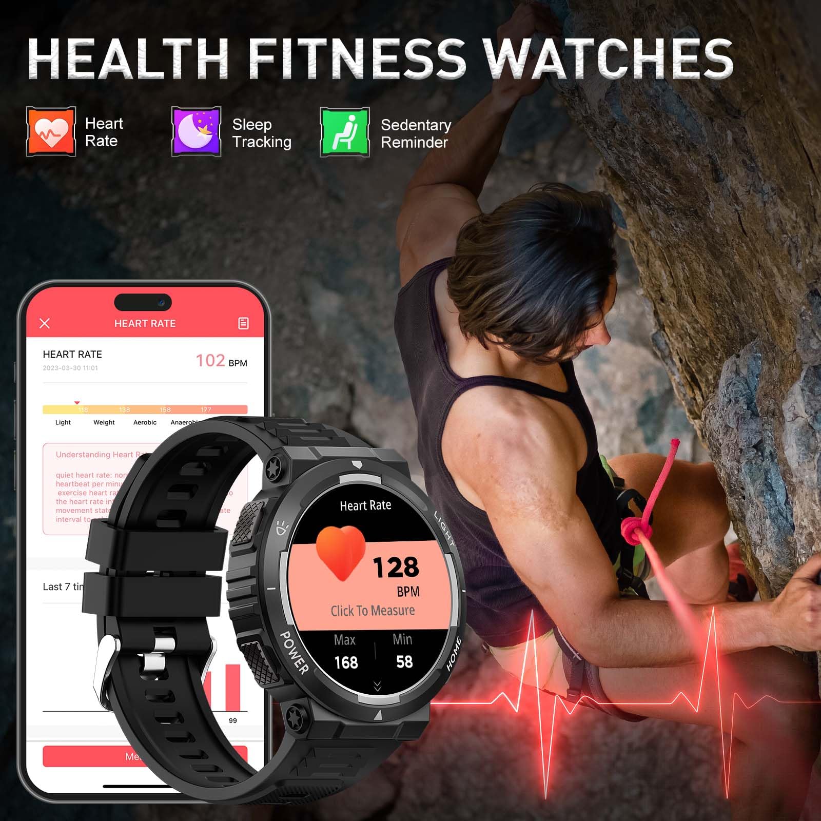 Montre intelligente militaire pour homme (répondre/passer des appels) avec lampe de poche LED étanche 3 ATM avec plus de 100 modes de sport Tracker d'activité 3,9 cm avec moniteur de fréquence