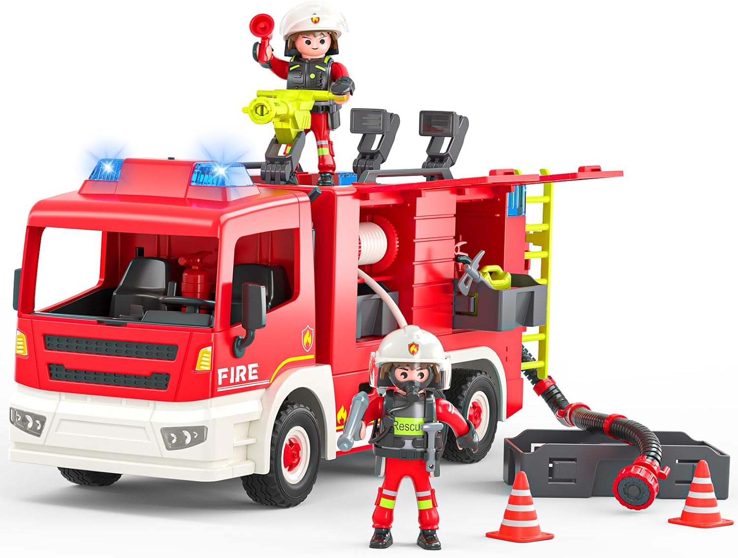 Large Fire Truck Toy with 2 Firefighters & Rescue Tools, Lights & Siren Sounds, Assemble Fire Rescue Truck Vehicle Toy for Boys Girls 3+, Christmas Birthday Gift