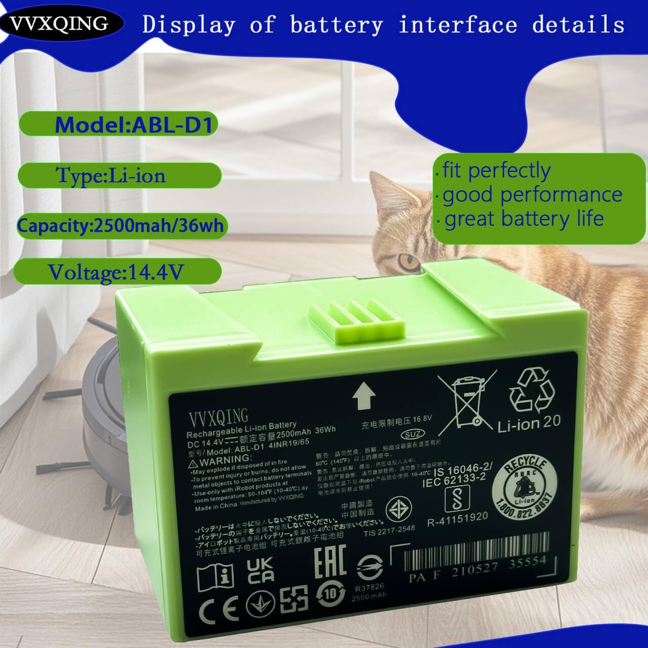 ABL-D1 Battery for iRobot Roomba i7 i7+ 7158 7150 7550 e5 e6 and i3 i3+ i4 i4+ i8 i8+ Replacement Lithium Ion Battery for Roomba i and e Series (Not Compatible with Roomba Combo Series) 655