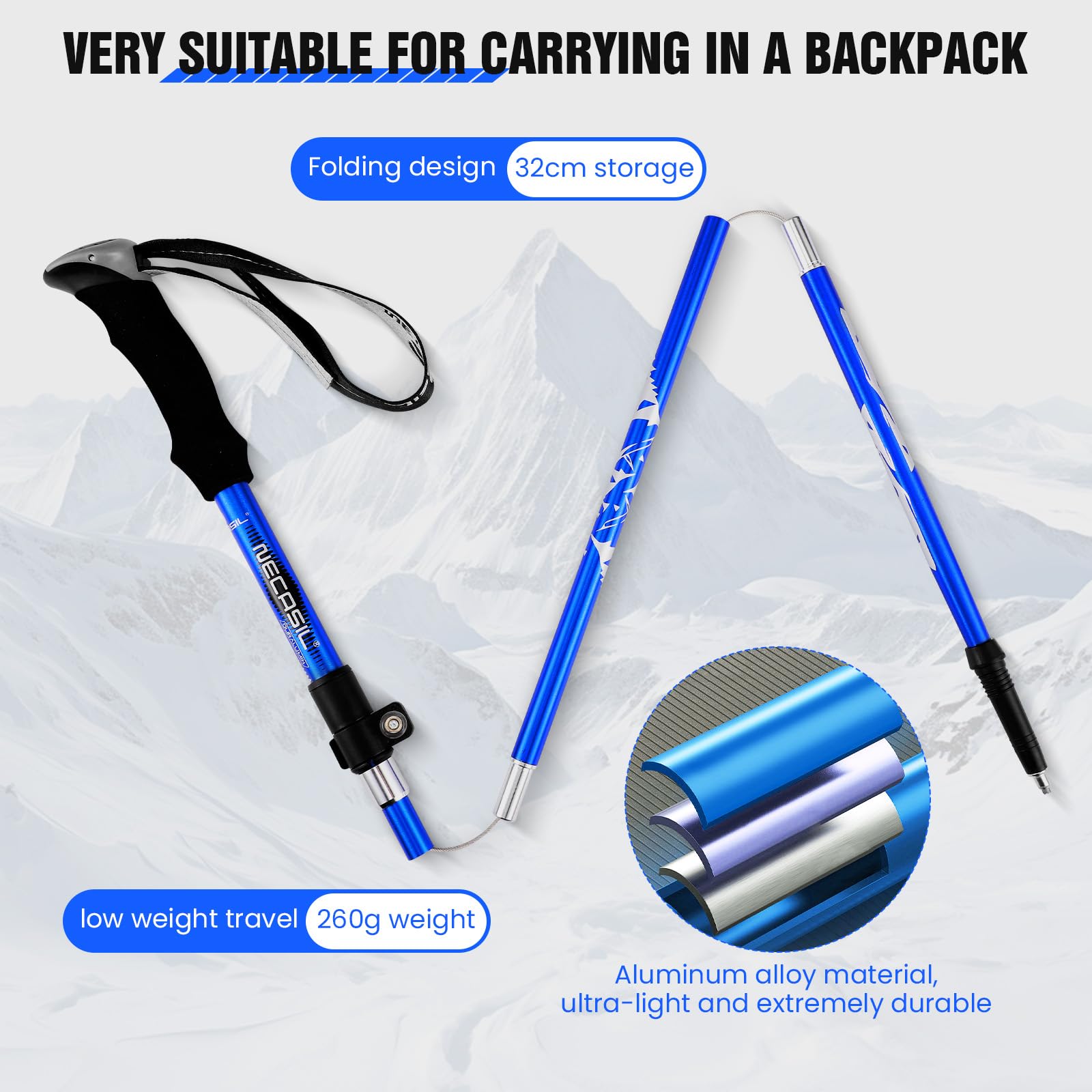 Bastoni Trekking Scuro,Bastoncini da Trekking Pieghevoli e Antiurto110-125cm, 2 Pezzi Nordic Walking Bastoncini,Ultraleggero per Zaini da Campeggio,per Escursioni,Montagna,Nordic Walking