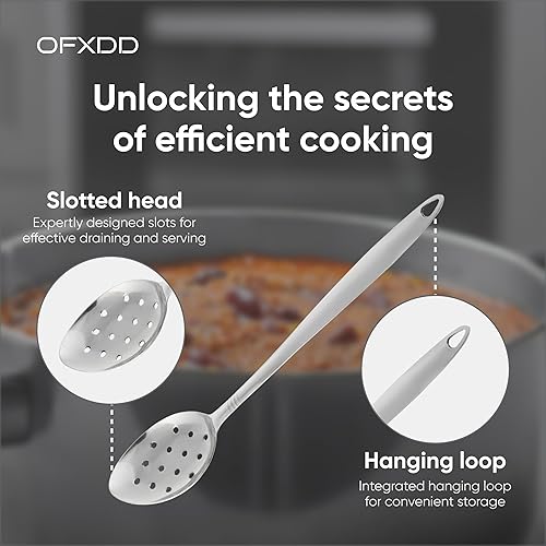 Miniatura 4 de Cuchara de cocina grande de metal con agujeros, paquete de 2, cuchara ranurada de acero inoxidable, cuchara de metal perforada con mango largo