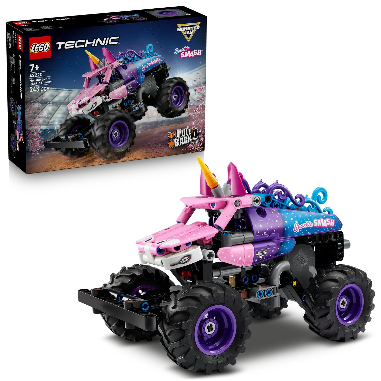 LEGO Technic Monster Jam Sparkle Smash Çek–Bırak 42220 – 7 Yaş ve Üzeri Çocuklar için Işıltılı Yıldızlar ve At Boynuzu gibi Detaylar İçeren Canavar Kamyon Oyuncak Yapım Seti, Hediye Fikri (243 Parça)