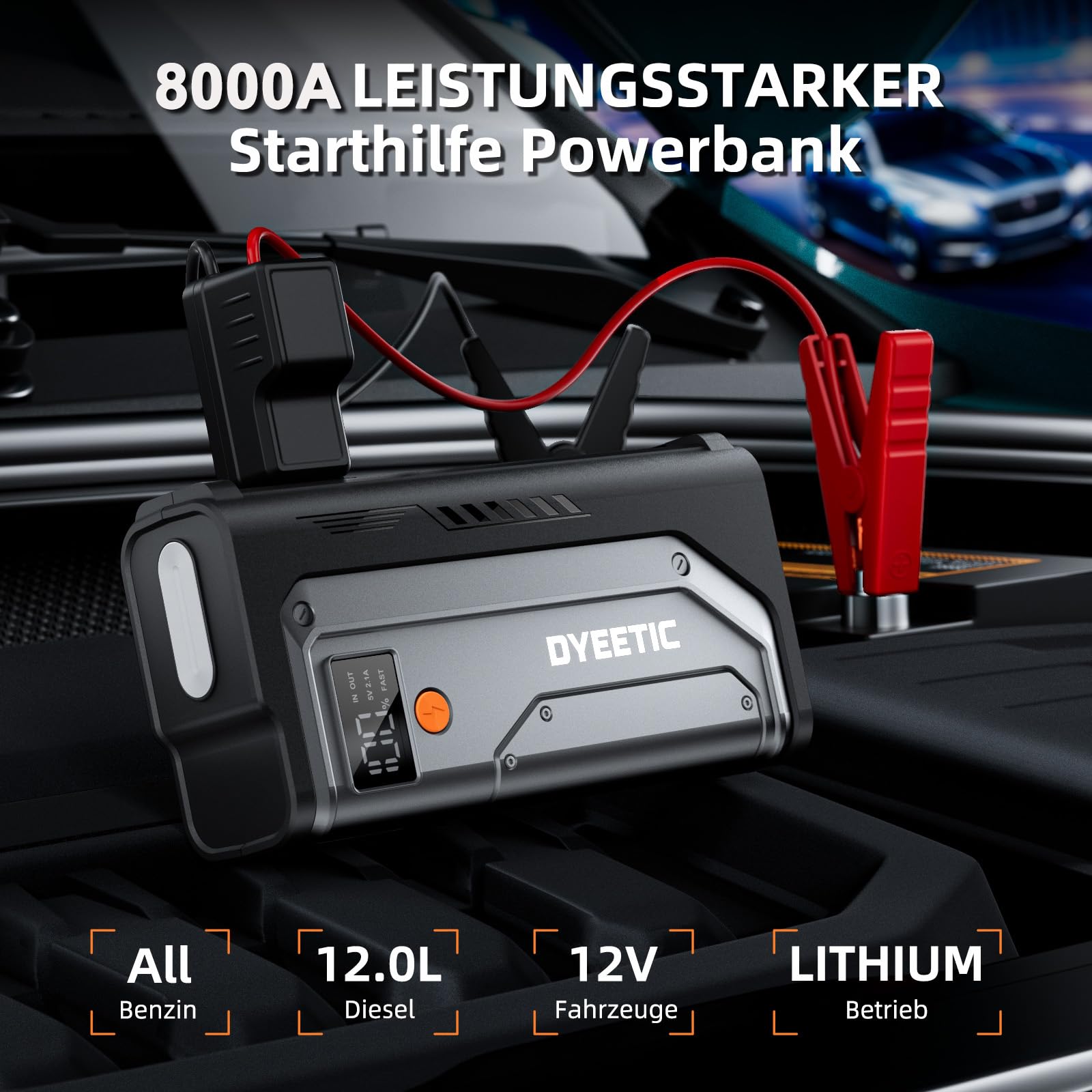 D16 Starthilfe Powerbank für Pkw, 8000A 12V Auto Batterie Booster für All Benzin /12L Diesel mit LED Taschenlampe, Tragbare Starter Powerbank mit Starthilfekabel