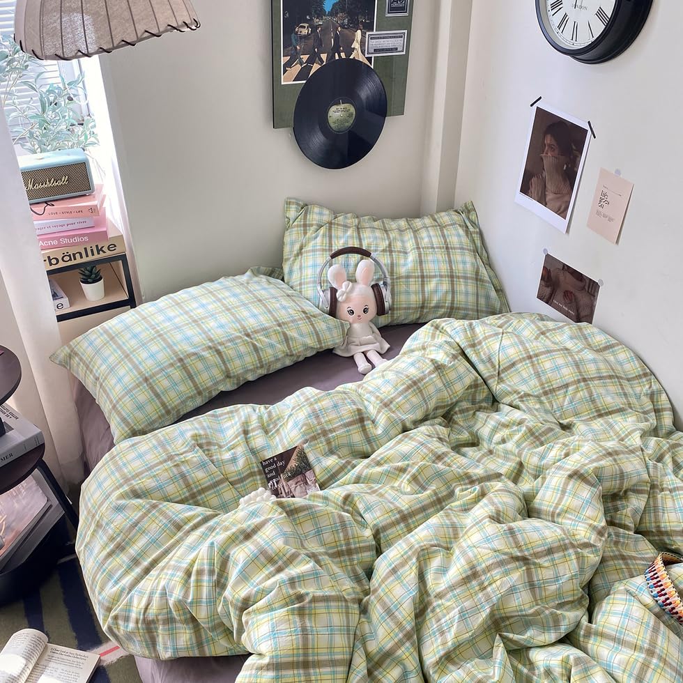 Image of EAVD Multicolor Buffalo Plaid Duvet Cover Queen Soft 100% Washed Cotton Reversible Grid Checkered Plaid Bedding Set Vintage Gingham Duvet Cover with 2 Pillowcases Modern Checkered Bedding Set