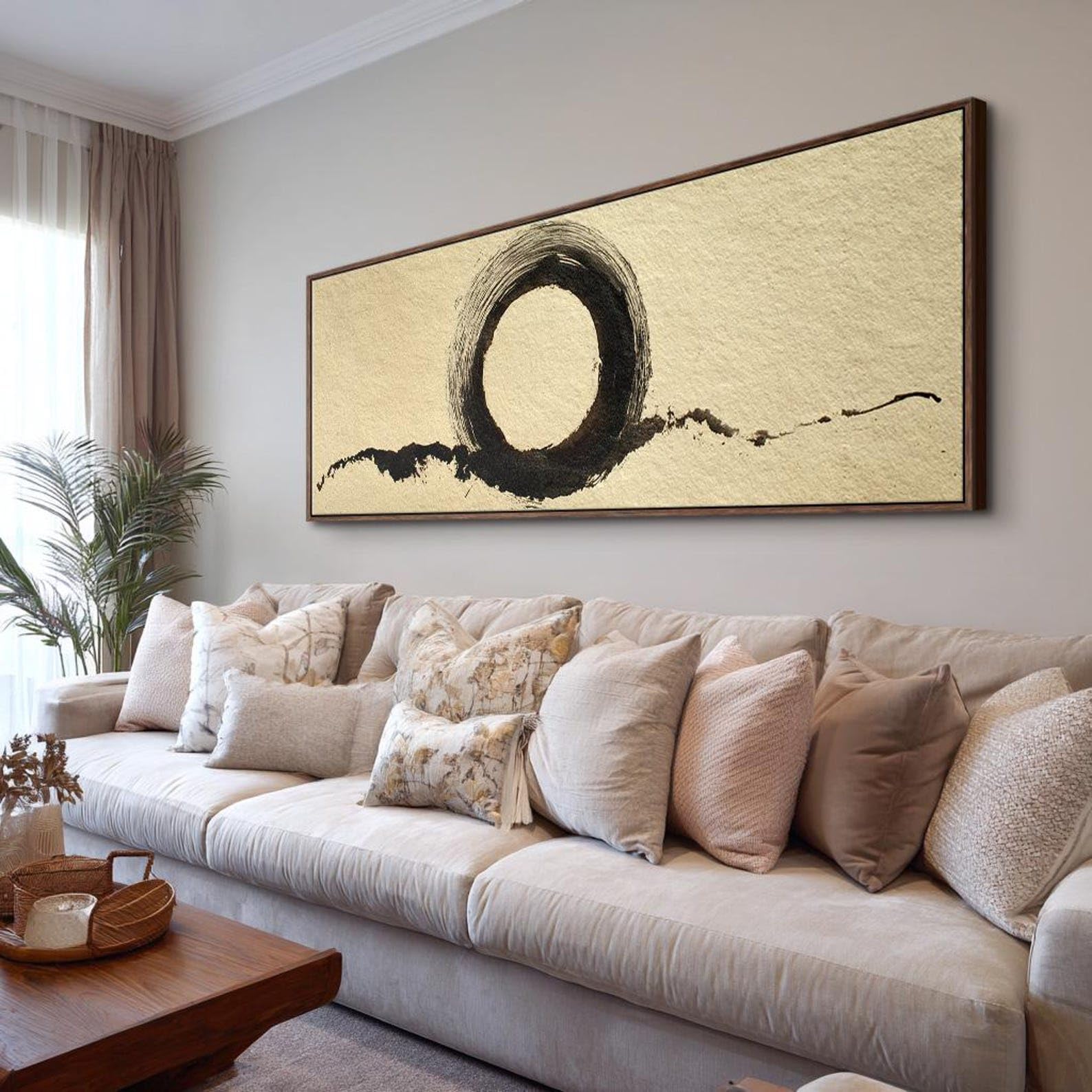 Xbtykpb Frameless Horizontal Japandi Wabi Sabi, Nature Canvas Wall Art, Long Narrow Canvas Print, Large Room Decor Painting Circle Decor(45X135cm/Frameless)