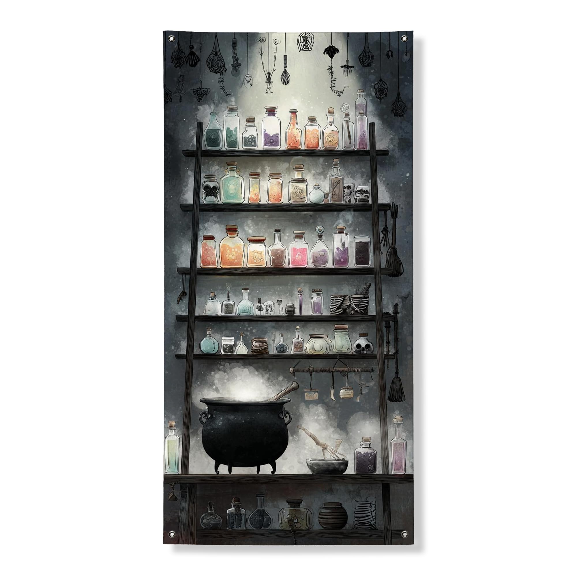 Mystical Potion Shelf Door Cover Banner Decorative, Enchanted Apothecary Style Indoor Outdoor Halloween Decor, Witchcraft Themed Holiday Supplies 36x72 Inch