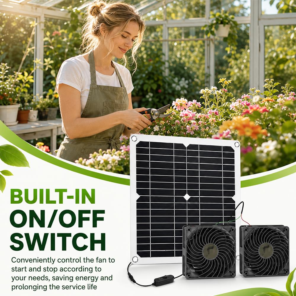 Solar Ventilator Gewächshaus, 16W Solarlüfter Gartenhaus mit DC Doppelventilator, Ventilator Solarbetrieben mit Saugnapf und Haken für Kleine Hühnerställe, Fenster Auspuff, Gewächshaus Zubehör