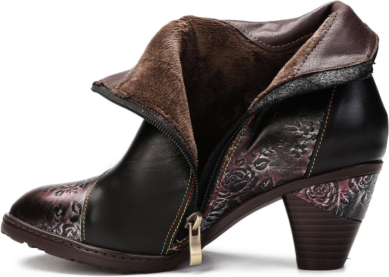 Superladystar's Handmade Floral Stitching Women's Ankle Boots, Cowhide Leather, Hand-embossed, Retro Style