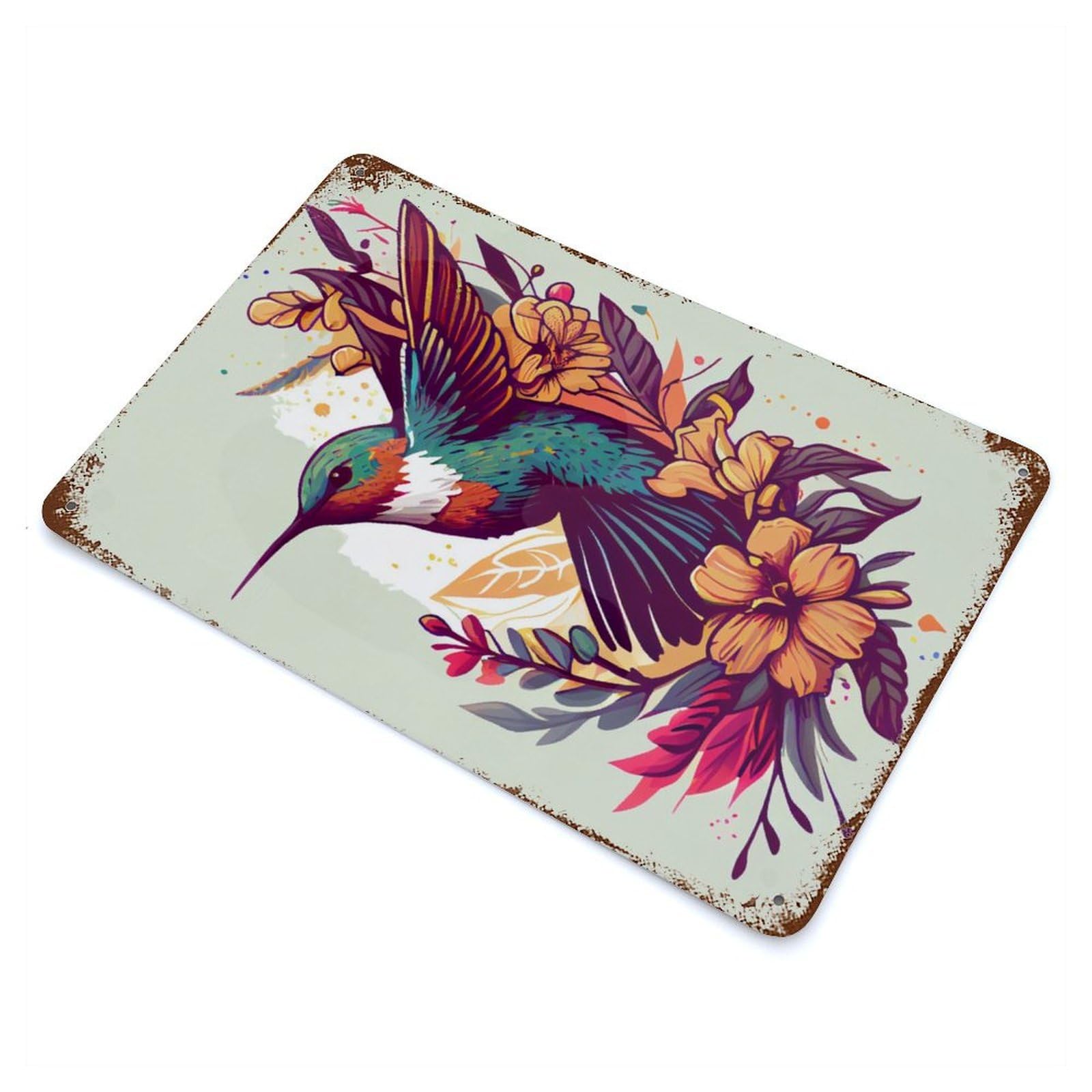 Vintage Rust Metal Sign Hummingbird Flowers 11.8"x7.9", Shabby Chic Decor for Cafe, Home Bar And Lounge Decor