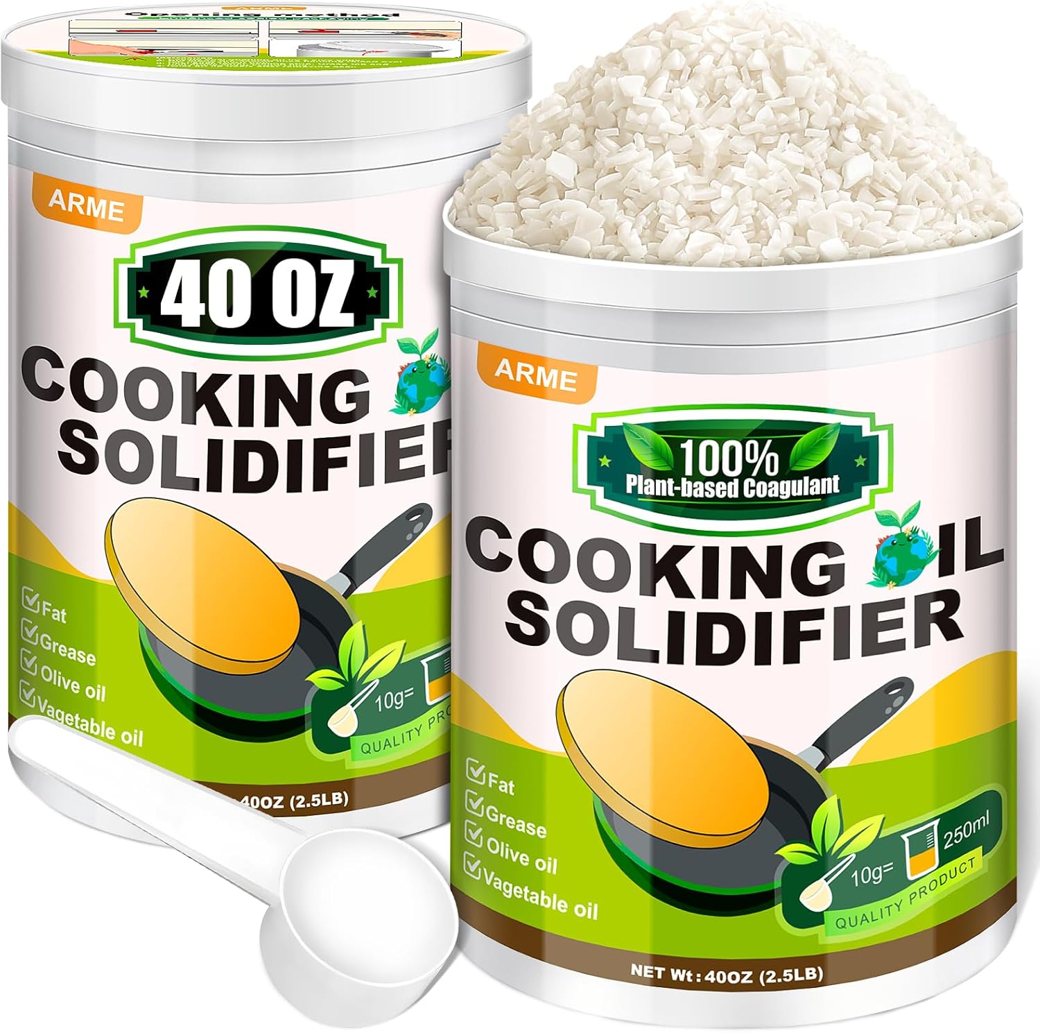 Arme Oil Solidifier, 40 Oz(2.5Lb) Cooking Oil Solidifier for Disposal(Disposal Up to 7.4 Gallons/113Cups), 100% Plant-Based Grease Solidifying Powder, Fat Hardener for Disposal Kitchen&Restaurant Use