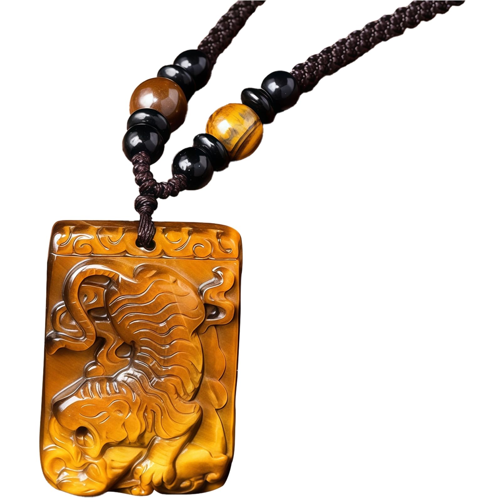 Collana con ciondolo occhio di tigre intagliato a mano a forma di tigre, amuleto di cristallo con cordino nero, pietra preziosa naturale, design unisex, 4 cm x 3 cm