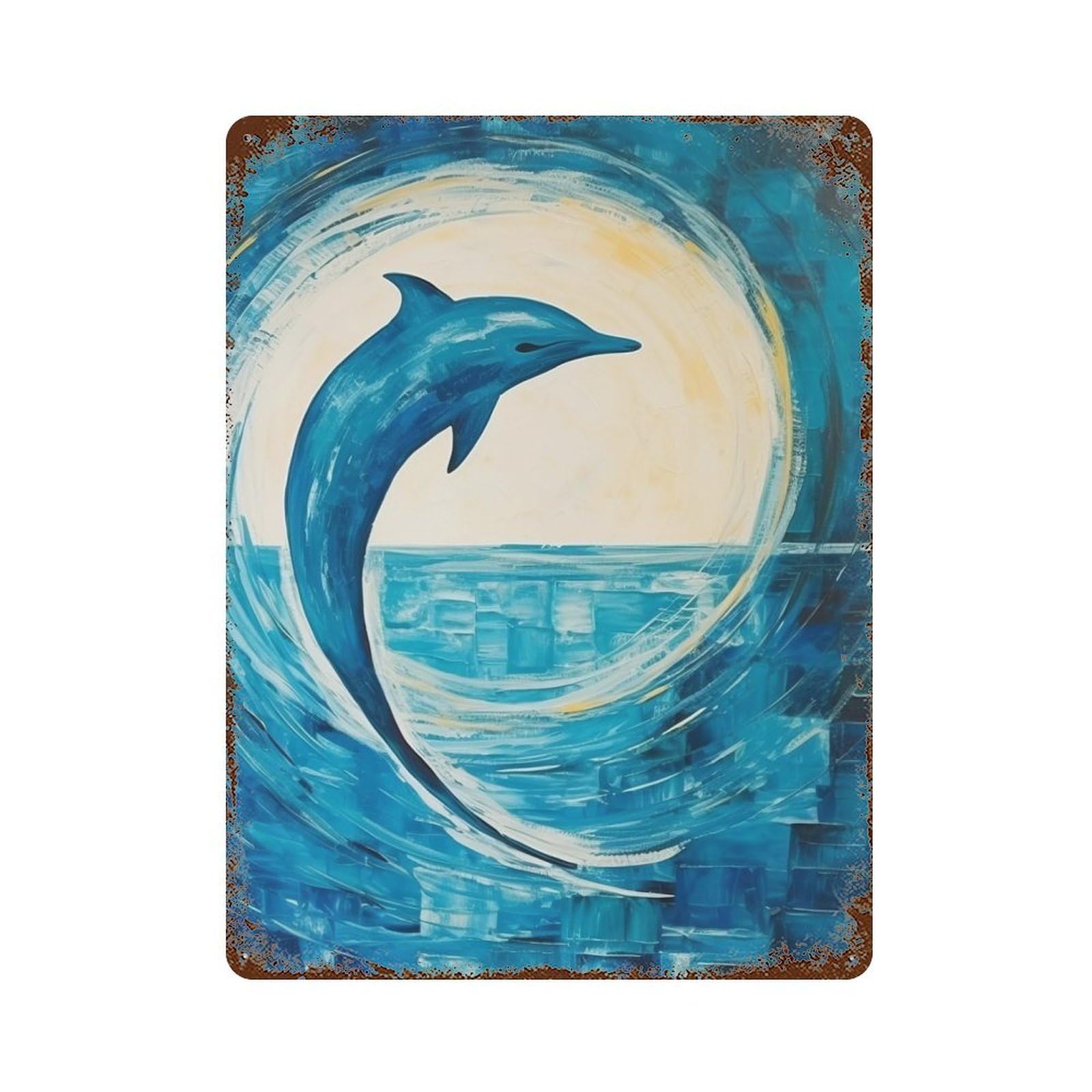 Dolphin Abstract Sea Rustic Tin Plaque 15.7"x11.8", for Shed, Workshop And Garage Wall Decor, Shabby Chic Decor