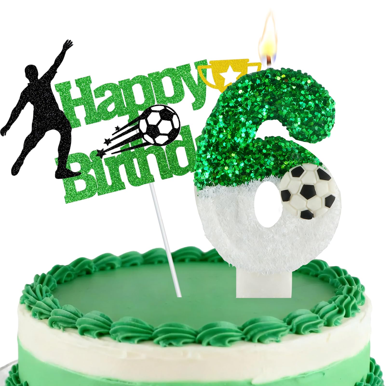 Football Number Candles, Birthday Candles for Cake, Cake Candles with Greeting Card for Birthday Party Wedding Anniversary Celebrations(6 Candle,Green&White)