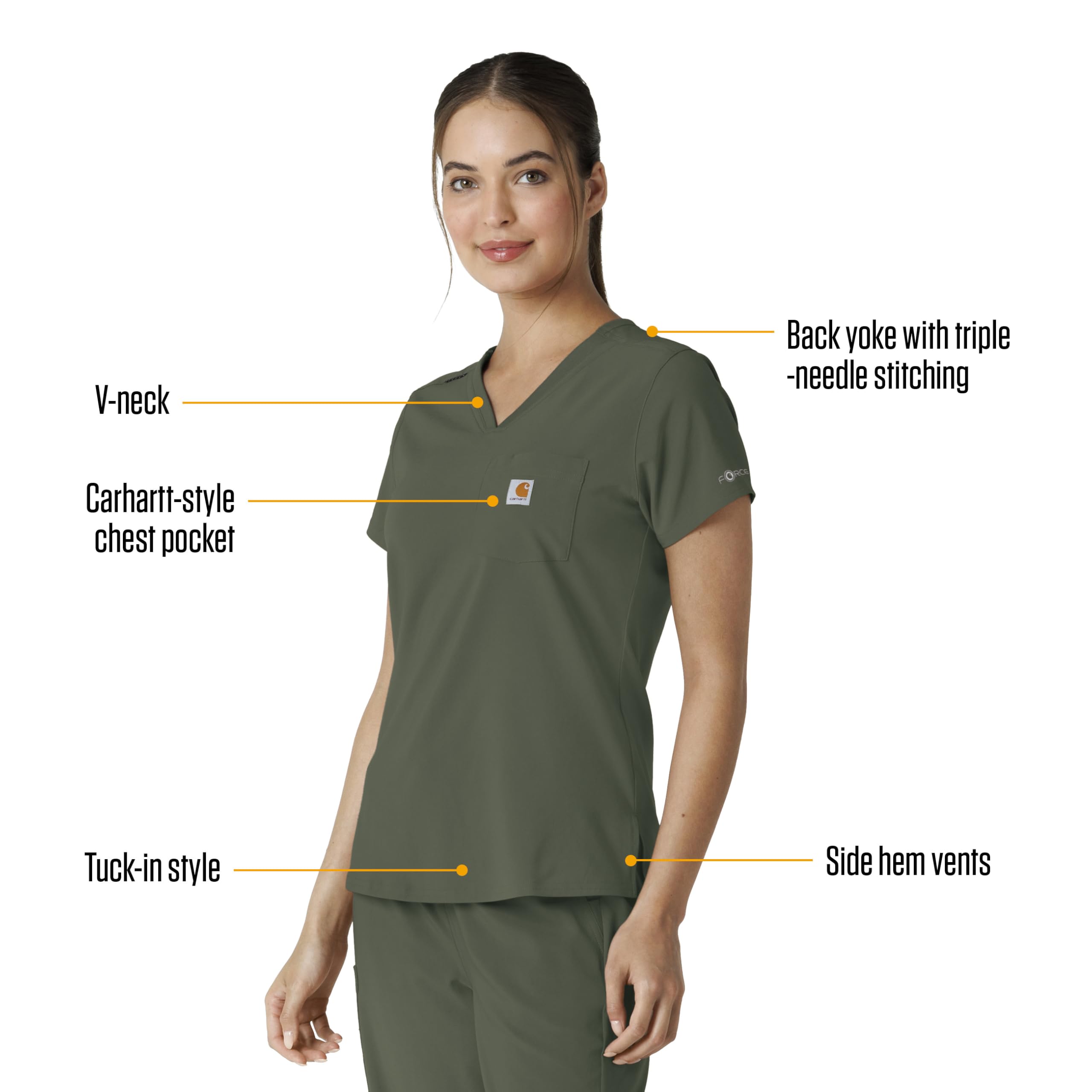 Carhartt Scrubs for Women Force Cross-Flex Tuck-in V-Neck Tops with 1 Pocket Olive