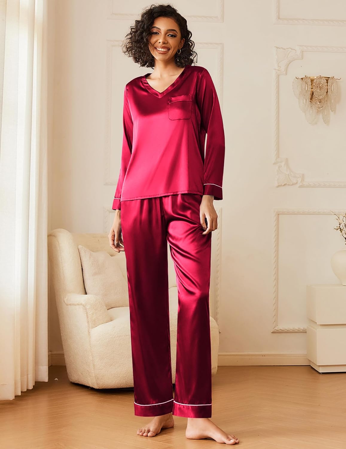 Ekouaer Silk Pajama for Women Long Sleeve Satin Pj Set Two Piece Soft Sleepwear Loungewear S-XXL - Image 3