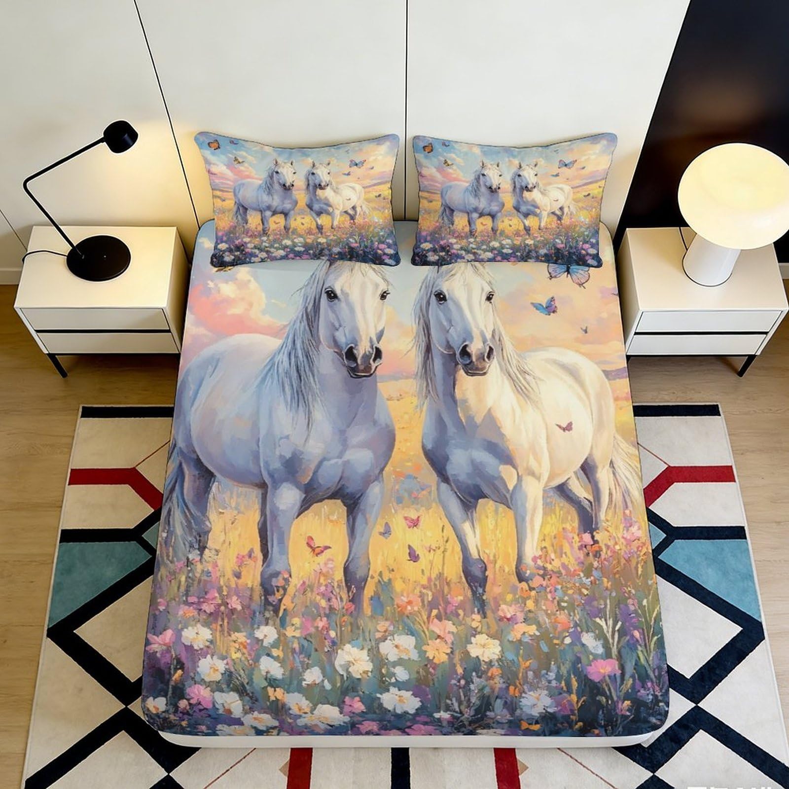 3D Printed Majestic Horse Fitted Sheet Microfiber Soft Blue Floral Fantasy Bed Cover for Bedroom Dorm Easy Care 90x200x25cm