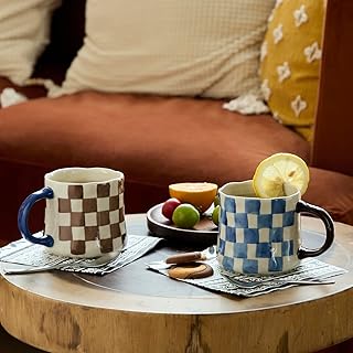 Retro Checkered Ceramic Coffee Mug 16Oz - Extra Large Handle, Microwave ...