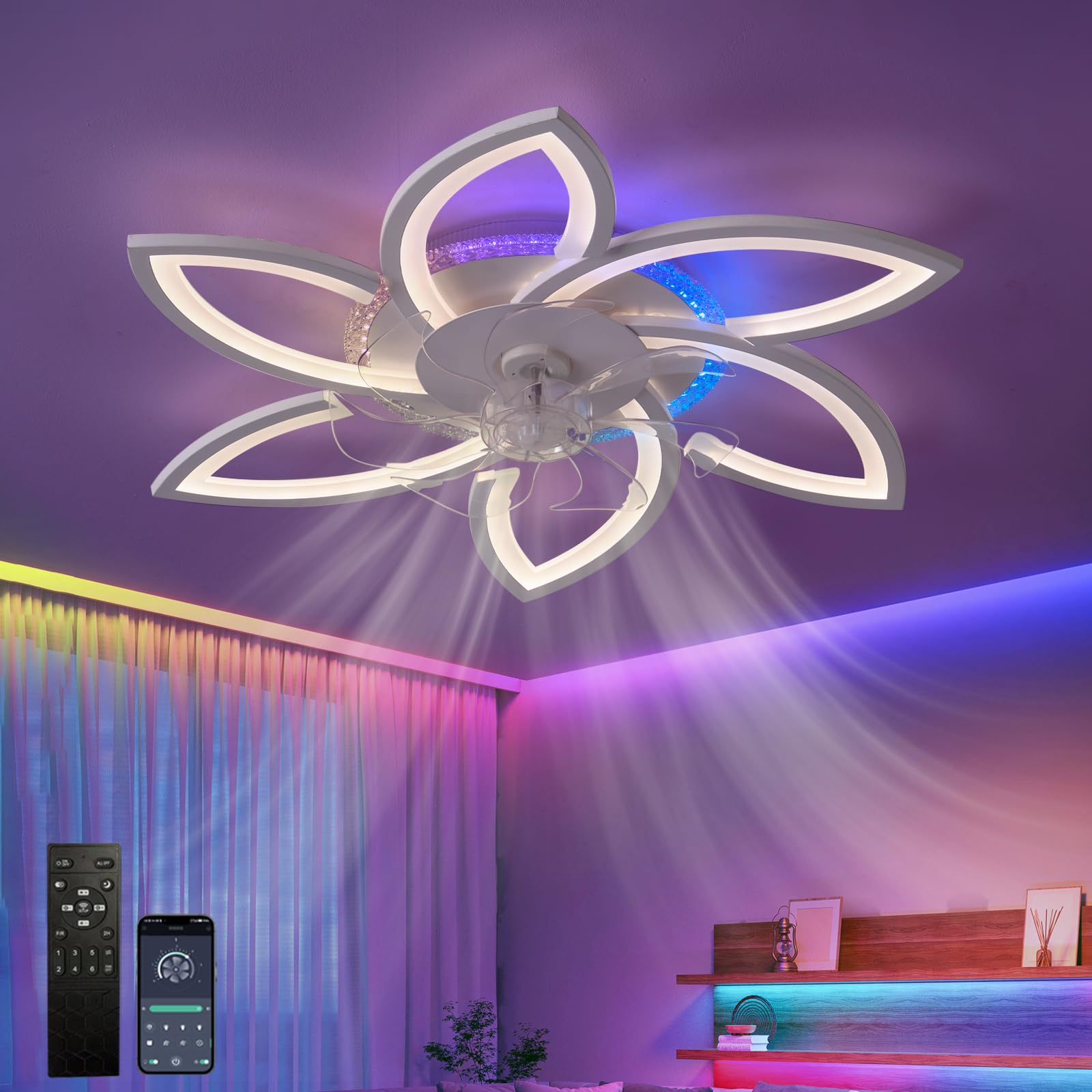 Ventilatore da Soffitto con Luce RGB Dimmerabile con Telecomando APP,Lampada Ventilatore con Reversibile di Fiore con Silenzioso,Lampadina Ventilatore 6 Velocità con Tempistica,per Soggiorni