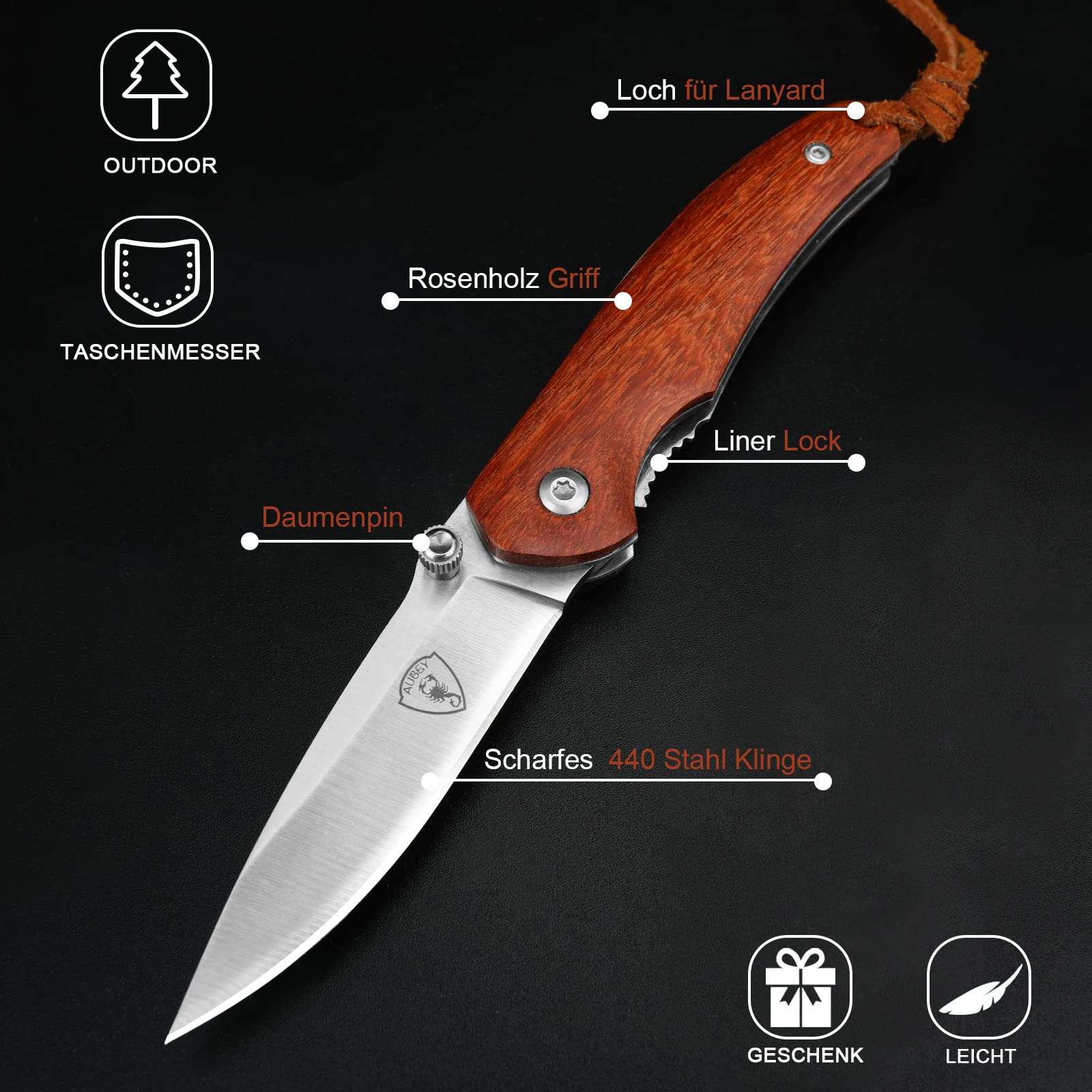 AUBEY Taschenmesser Klein, Scharfes Klappmesser Mini Messer mit 440 Stahl Klinge, Holzgriff, Liner Lock - EDC Messer Pocket Knife für Outdoor Survival Jagd Angeln Geschenk Sammeln
