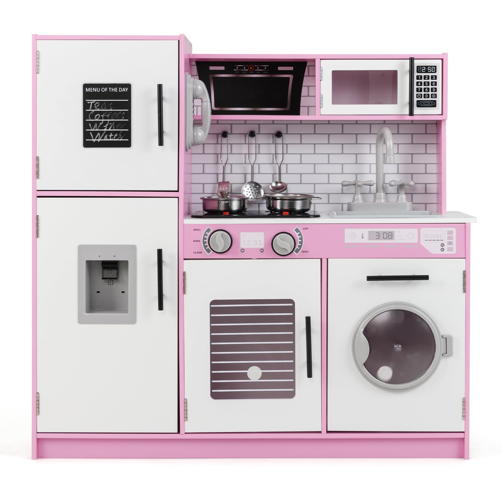 GYMAX Kids Play Kitchen, Wooden Toy Kitchen with Microwave, Water Dispenser, Washing Machine, Oven, Stove, Sounds, Lights, Telephone&Accessories, Children Cooking Role Playset for 3+ Years Old (Pink)