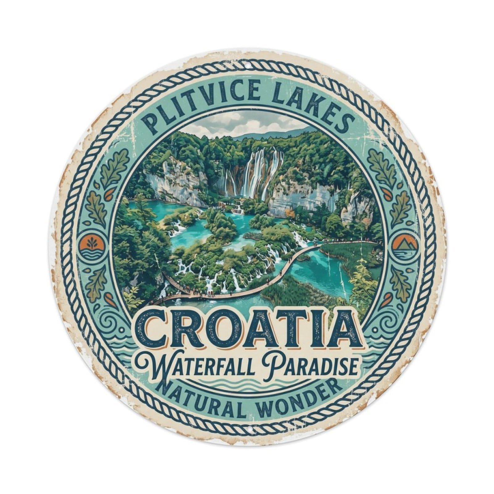 Vintage Travel Plitvice Waterfalls Croatia Metal Tin Sign Plaque Wall Decor for Cafe, Club Bar, Office, Home Garden Round Metal Poster 8x8Inch