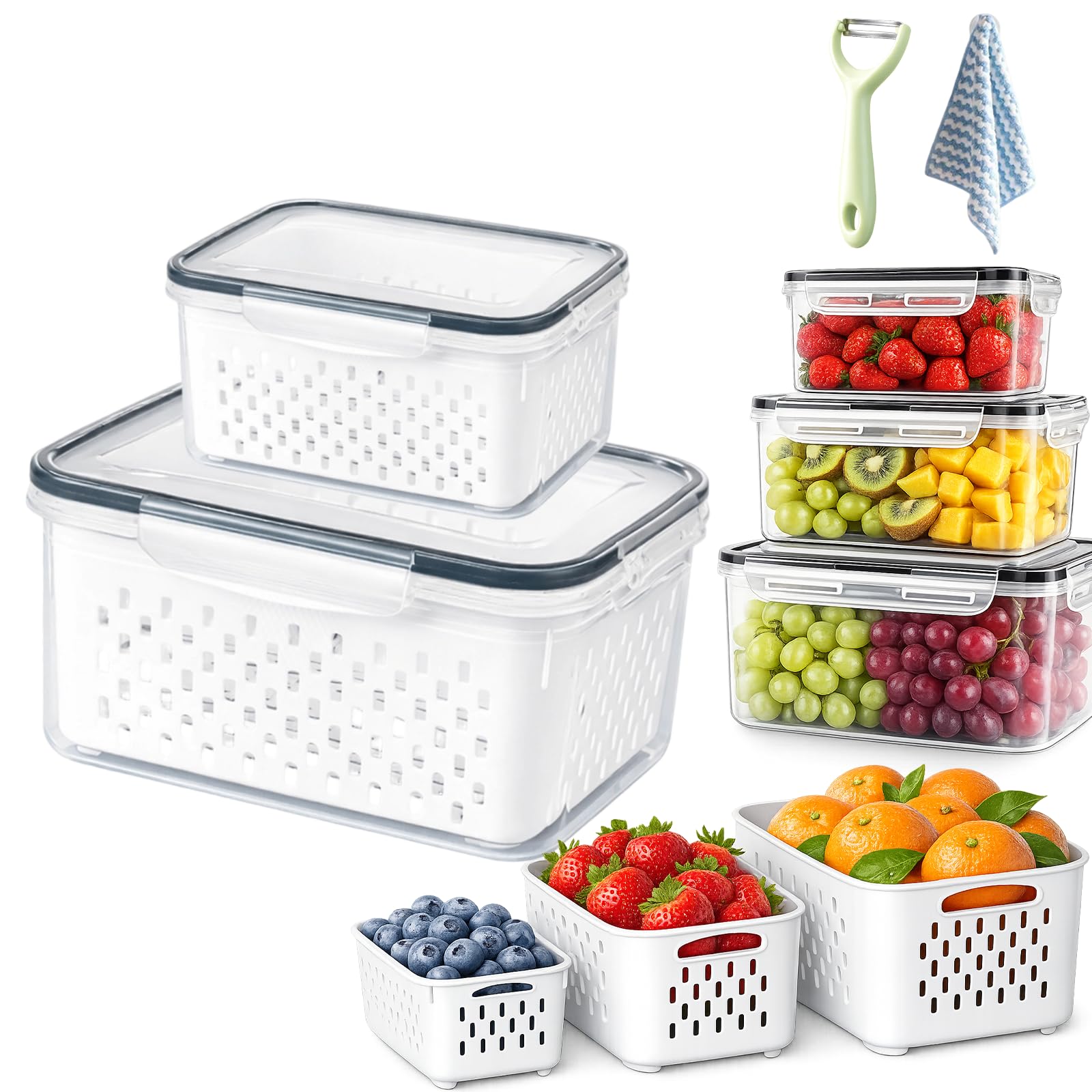 4-in-1 Produce Storage Containers, Fruit Storage Containers for Fridge with Removable Colander & Lid, Airtight Plastic Food Box with Drain Basket for Vegetable & Kitchen Organization (Gray,S+L)