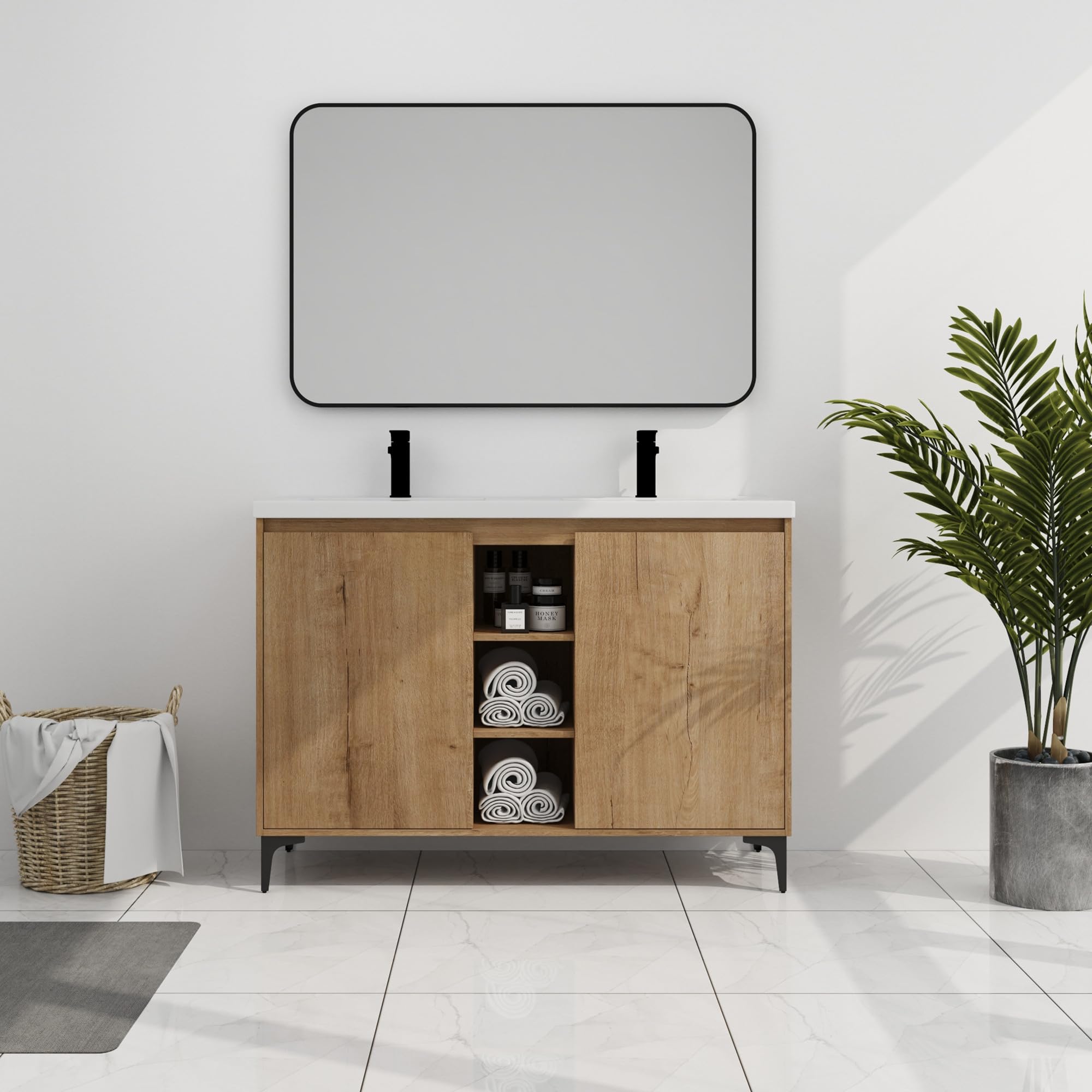 48'' Freestanding Bathroom Vanity With Double Resin Sink, Modern Cabinet Set, Storage W/2 Doors and Open Shelves (Imitative Oak-3)