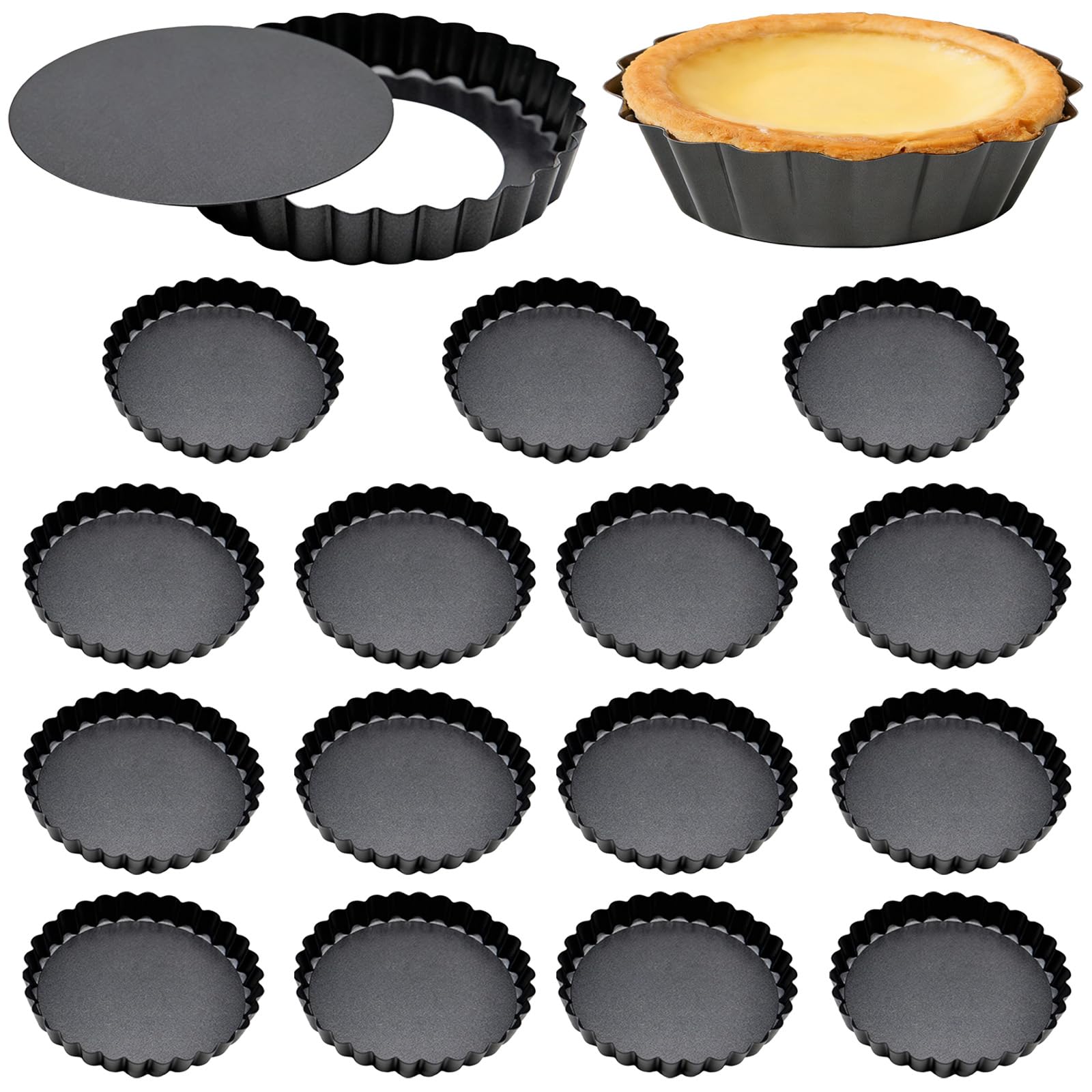 Lot de 16 moules à tartelettes mini, 3,1 pouces, fonds amovibles, acier au carbone, design cannelé pour la cuisson de tartelettes et mini quiches