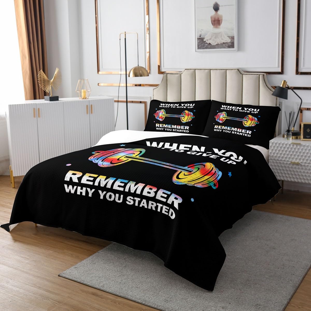 Set di biancheria da letto trapuntato, 3 pezzi, con 2 federe, per palestra, fitness, sport, gioco a tema, per sollevamento pesi e sollevamento pesi, per decorare la stanza