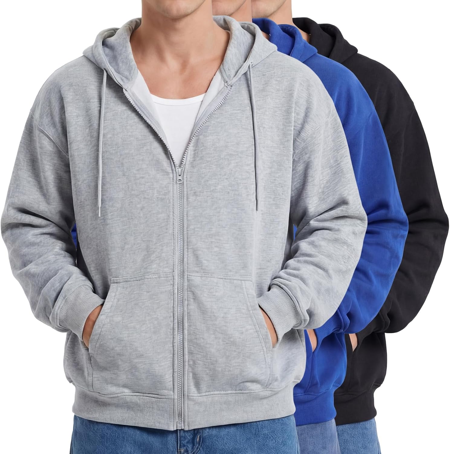 Taiyin 3 Pack Men's Lightweight Fleece Full Zip up Hoodie Long Sleeve Sweatshirt with Pockets for Men