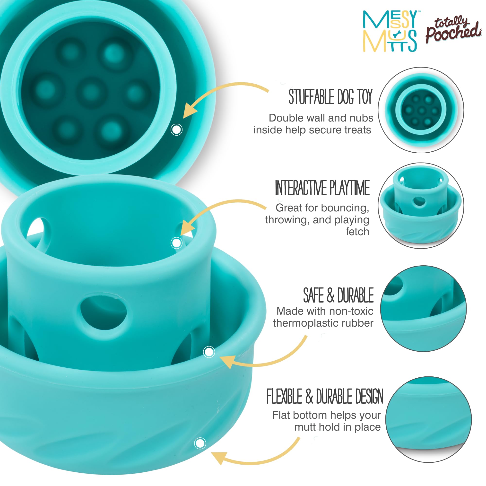 Messy Mutts Totally Pooched Puzzle 'n Play Mushroom (Small) | Interactive Treat Puzzle Toy for Dogs | Durable 3.25”” x 2.5” TPR Dog Toy | Teal