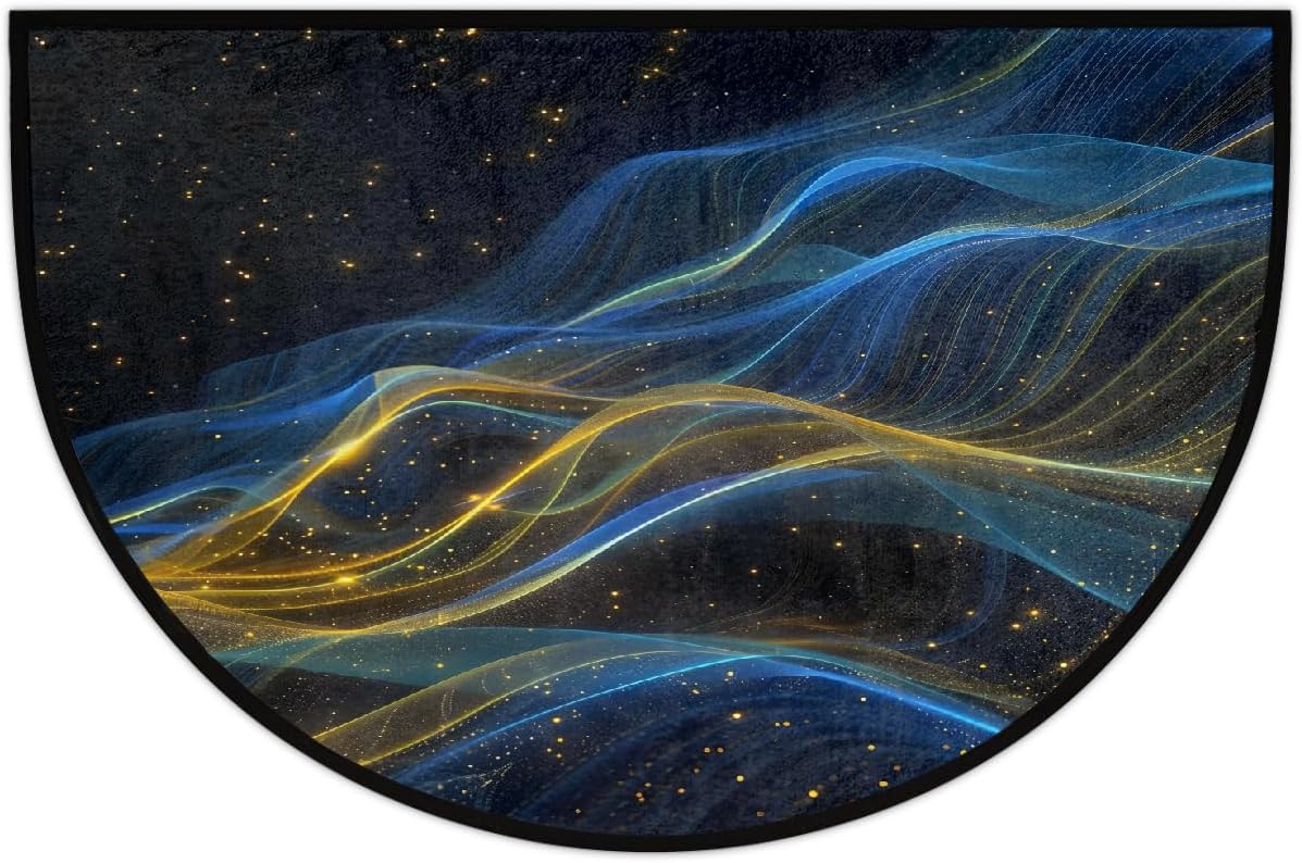Half Round Door Mat Blue Yellow Abstract Half Moon Rug Washable Half Circle Area Rugs Indoor Entrance Non Slip Semi Circle Bathroom Rugs Floor Carpet for Kithen Bedroom Fireplace Decor