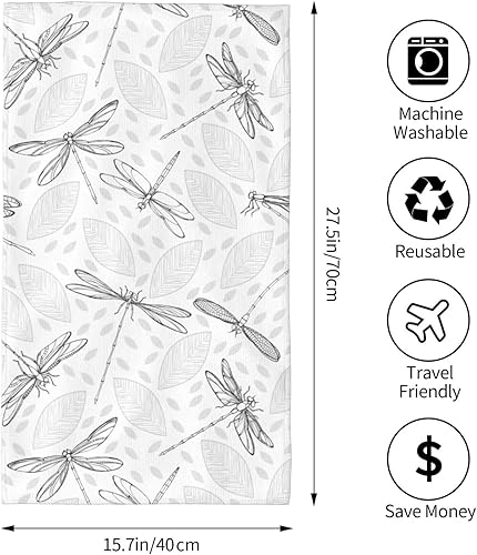 Miniatura 3 de Toallas largas de mano, elegantes libélulas voladoras, toalla ultra suave, patrón de hojas dibujadas a mano, absorbentes, toallas de lujo para baño,