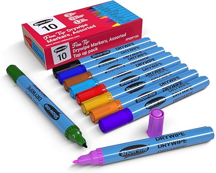 SHOW-ME Box 10 Fine Tip Slim Barrel Dry Erase Markers - Assorted Colours FPSDP10A