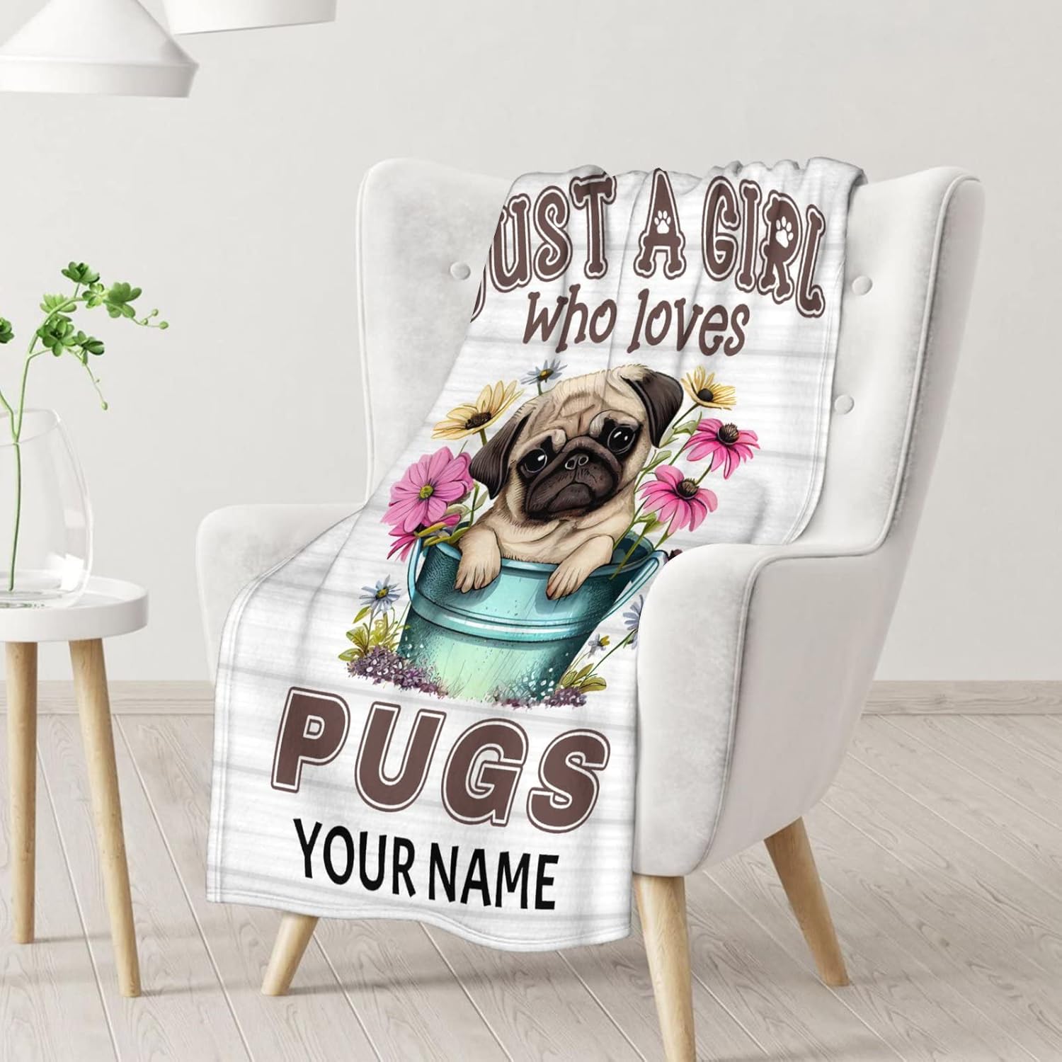 Personalized Pug Blanket Gifts with Name - 60"x80" Cute Throw Blanket for Dog Lover - White Soft Plush Blankets for Bed, Couch & Living Room